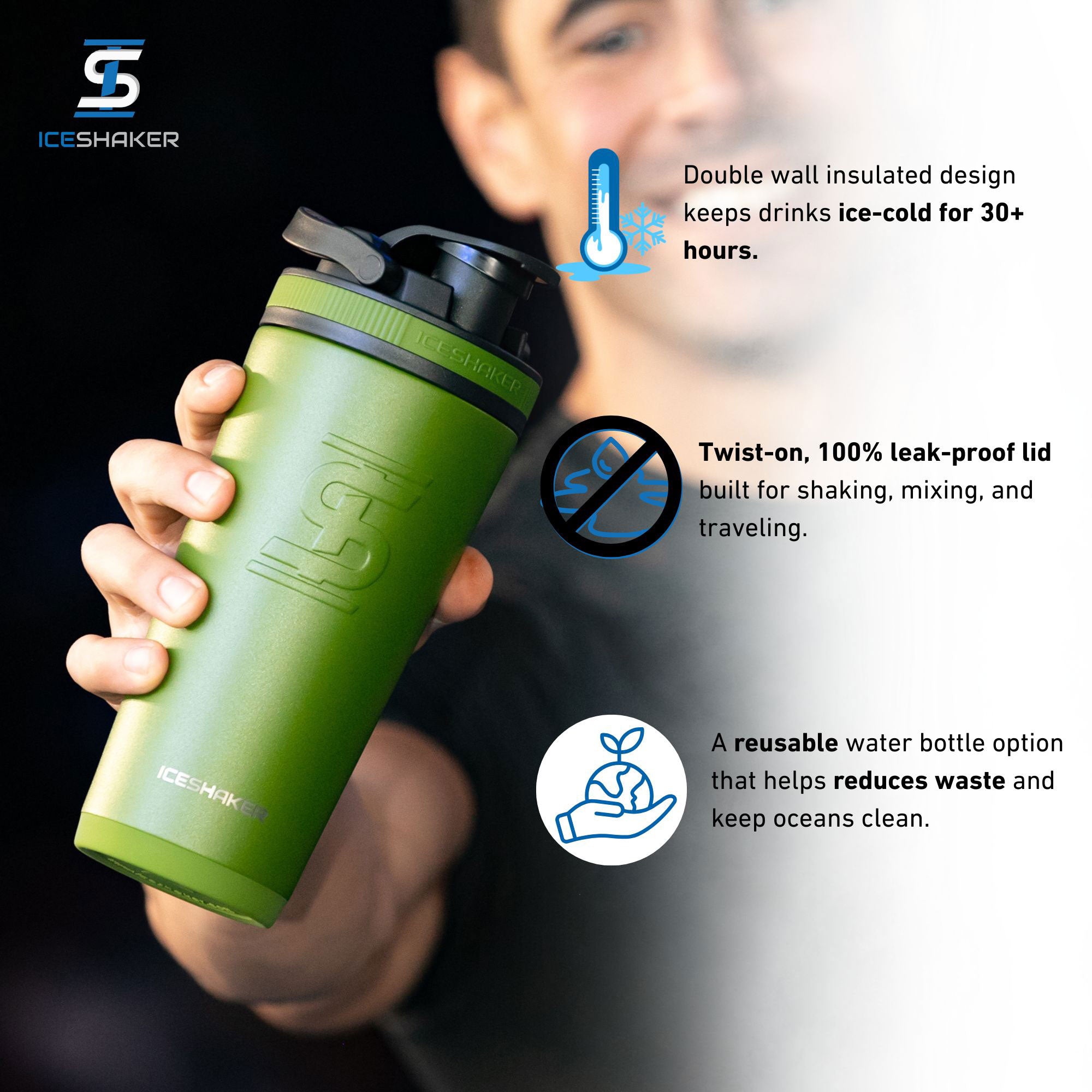 A green 26oz Ice Shaker being held by a person with important product features highlighted including: the insulated design keeps drinks ice-cold for 30+ hours, the twist-on 100% leak-proof lid, and the bottle being an eco-friendly water bottle option.