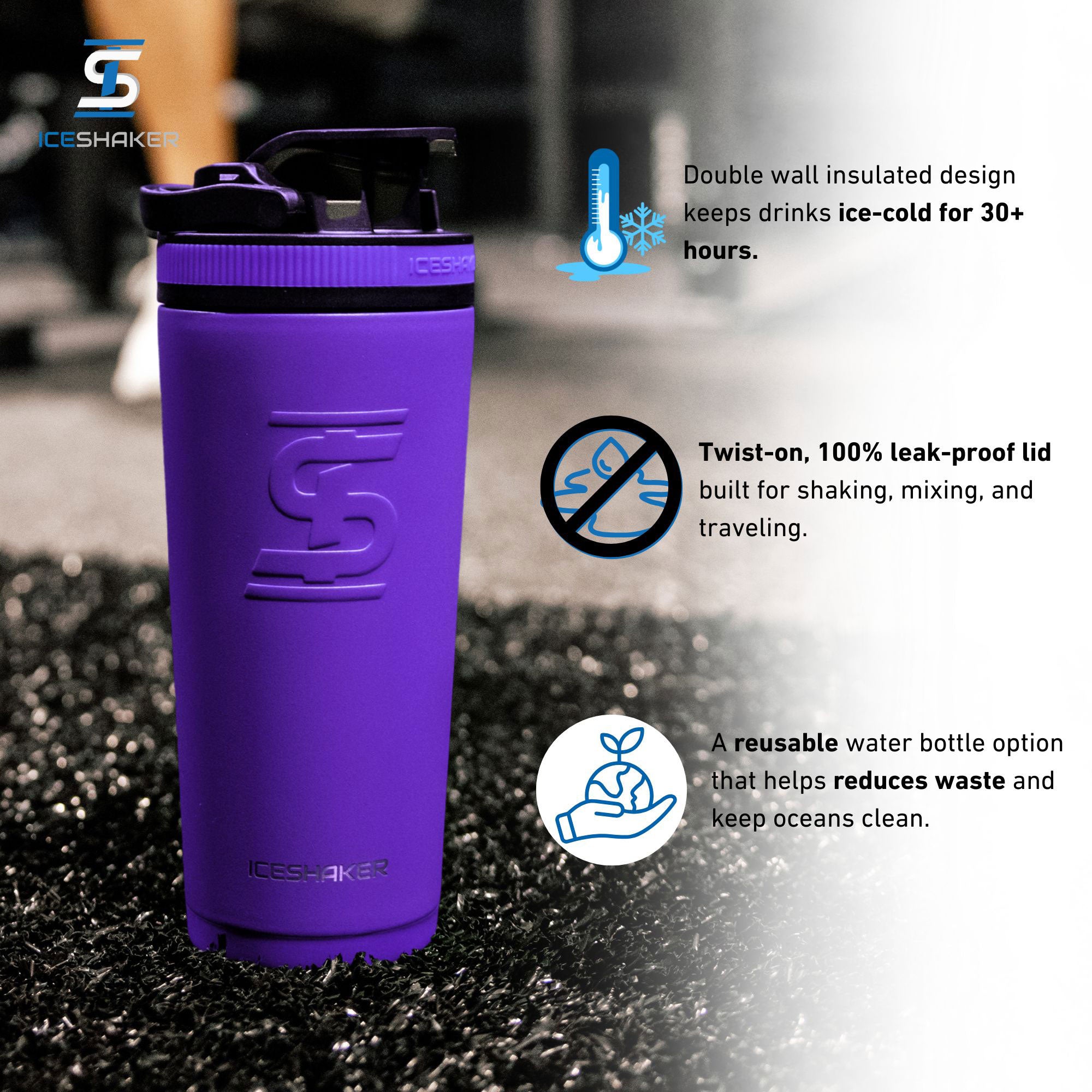 a Purple 26oz Ice Shaker with features listed out next to it. The features include the double-wall insulated design that keeps drinks ice-cold for 30+ hours, the twist-on leak-proof lid built for shaking, mixing, and traveling, and it being a eco-friendly, reusable water bottle option that helps reduce plastic pollution.