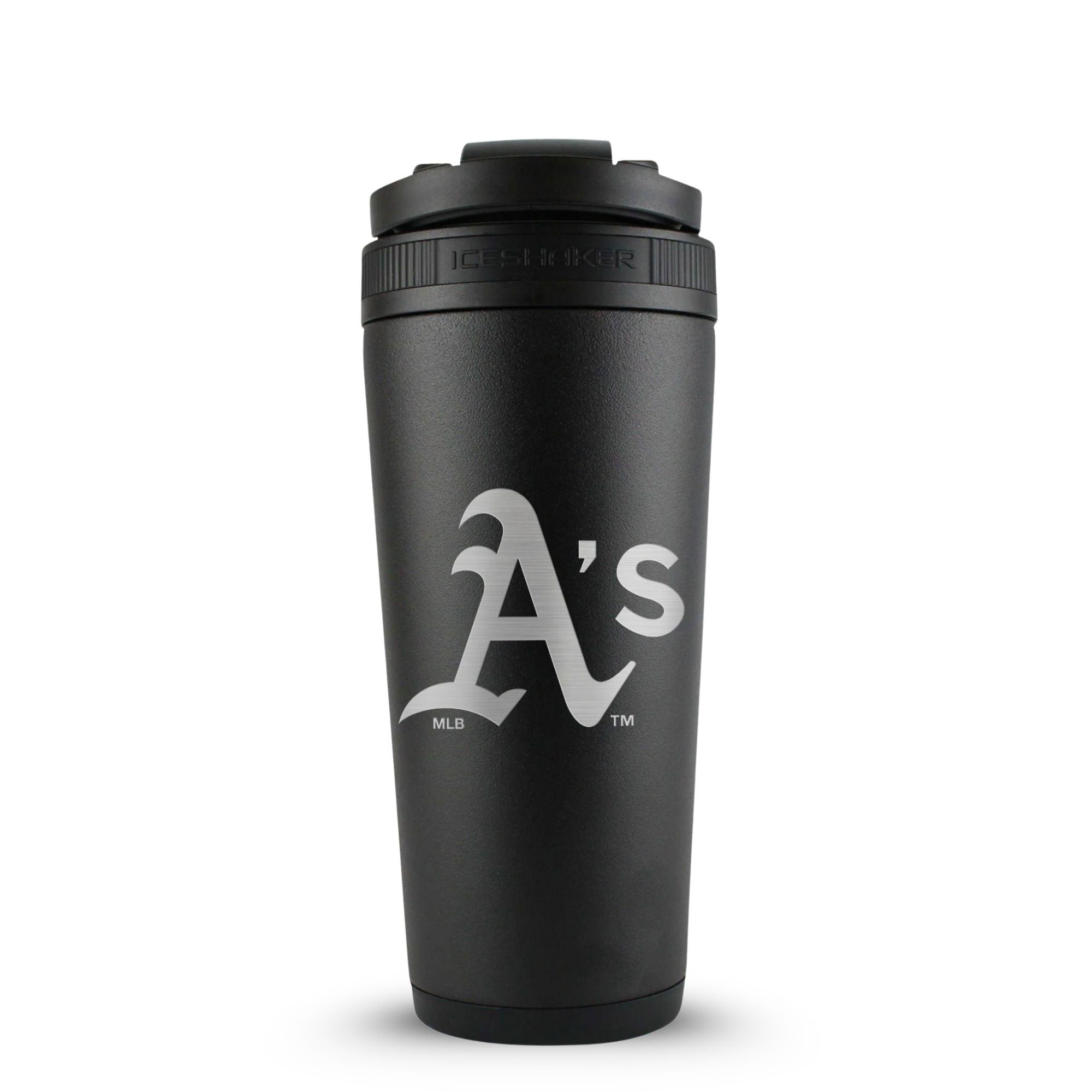 Black 26oz Ice Shaker with the Oakland Athletics logo engraved on the back of it.