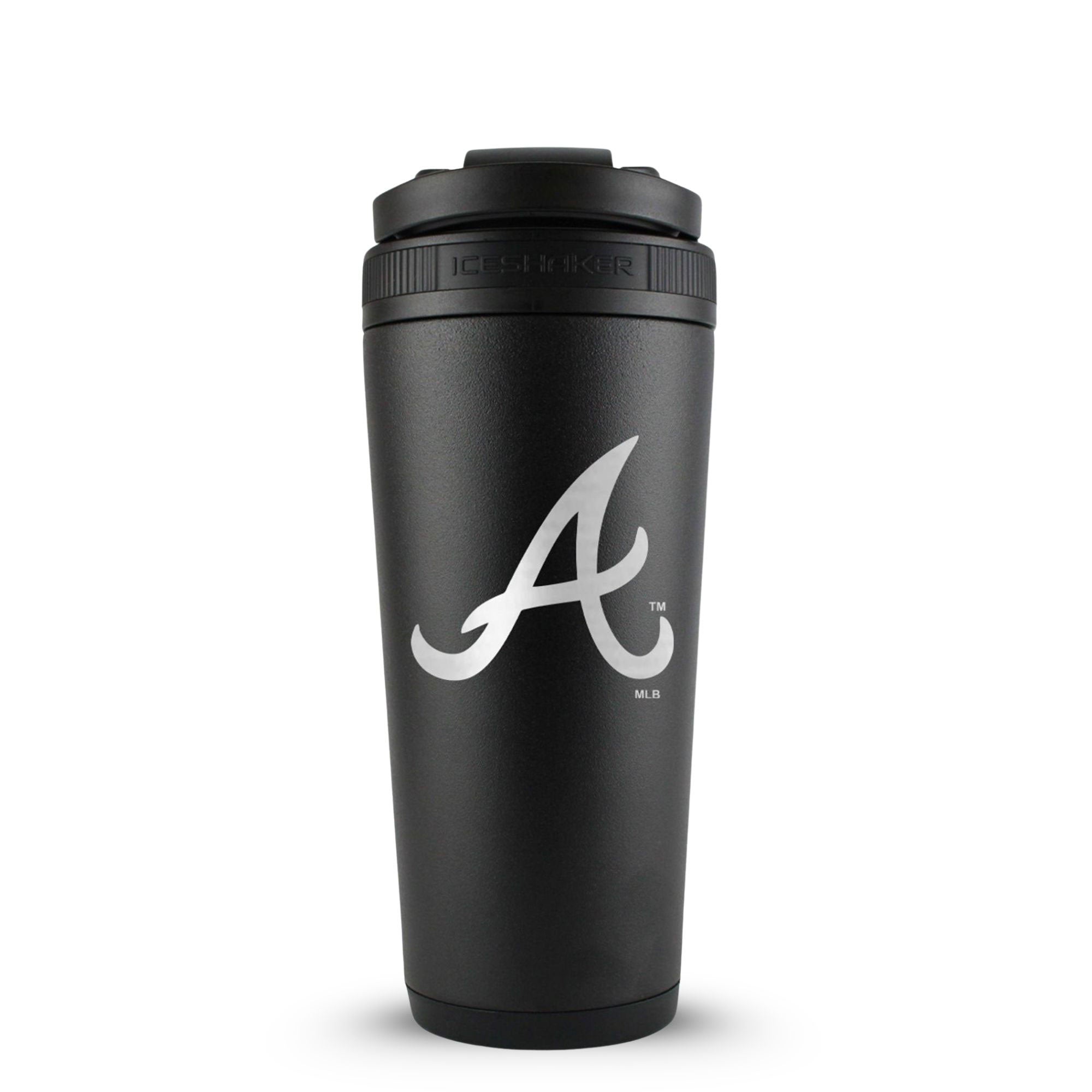 Black 26oz Ice Shaker with the Official MLB Atlanta Braves logo engraved on the back.