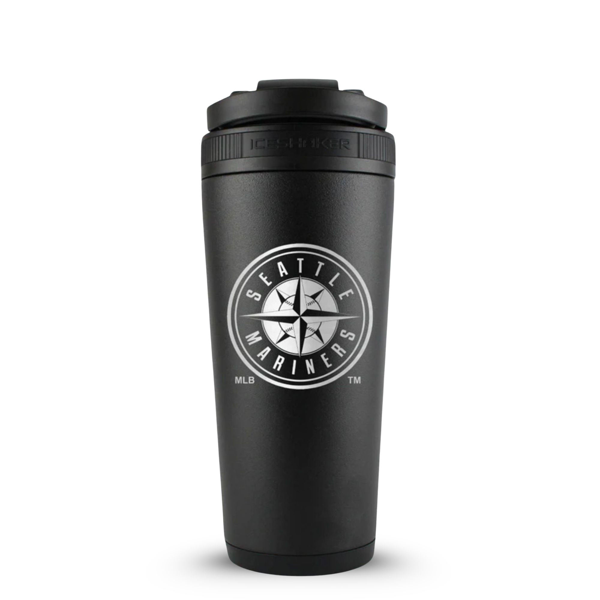 Black 26oz Ice shaker with the Seattle mariners logo engraved on the back of it.