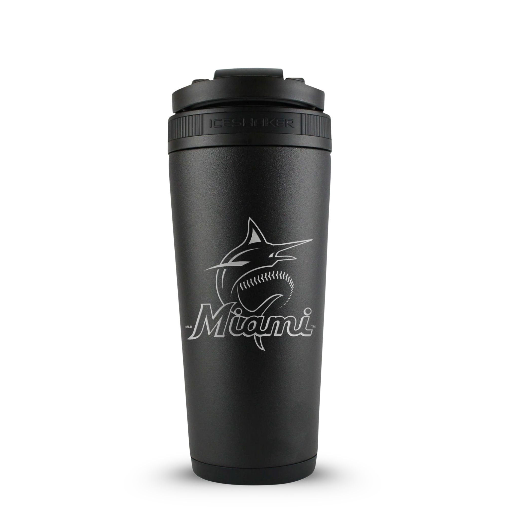 Black 26oz Ice Shaker with the Miami Marlins logo engraved on the back of it.