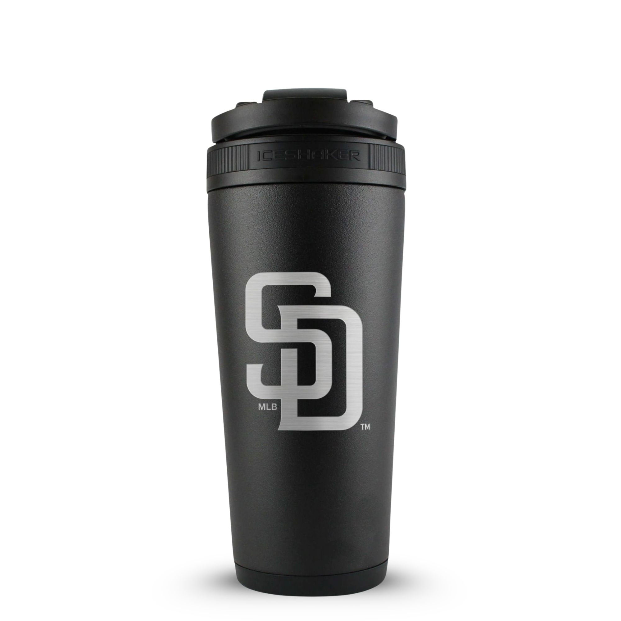 Black 26oz Ice Shaker with the San Diego Padres logo engraved on the back of it.