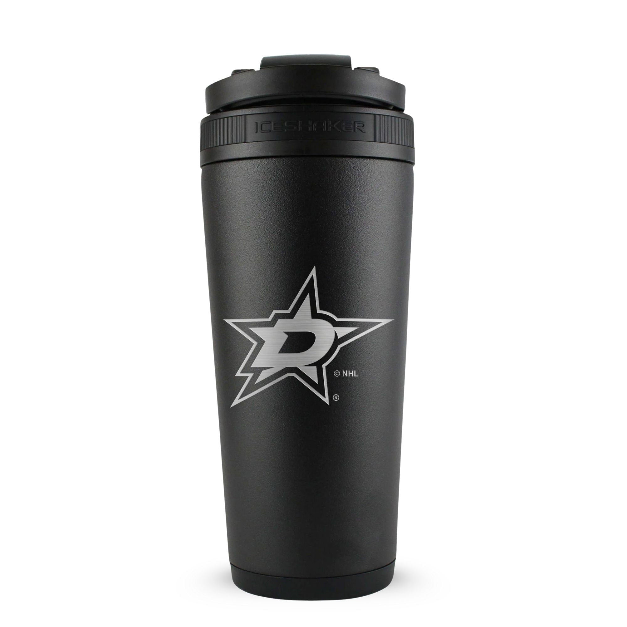 Black 26oz Ice Shaker with the Dallas Stares logo engraved on the back of it.