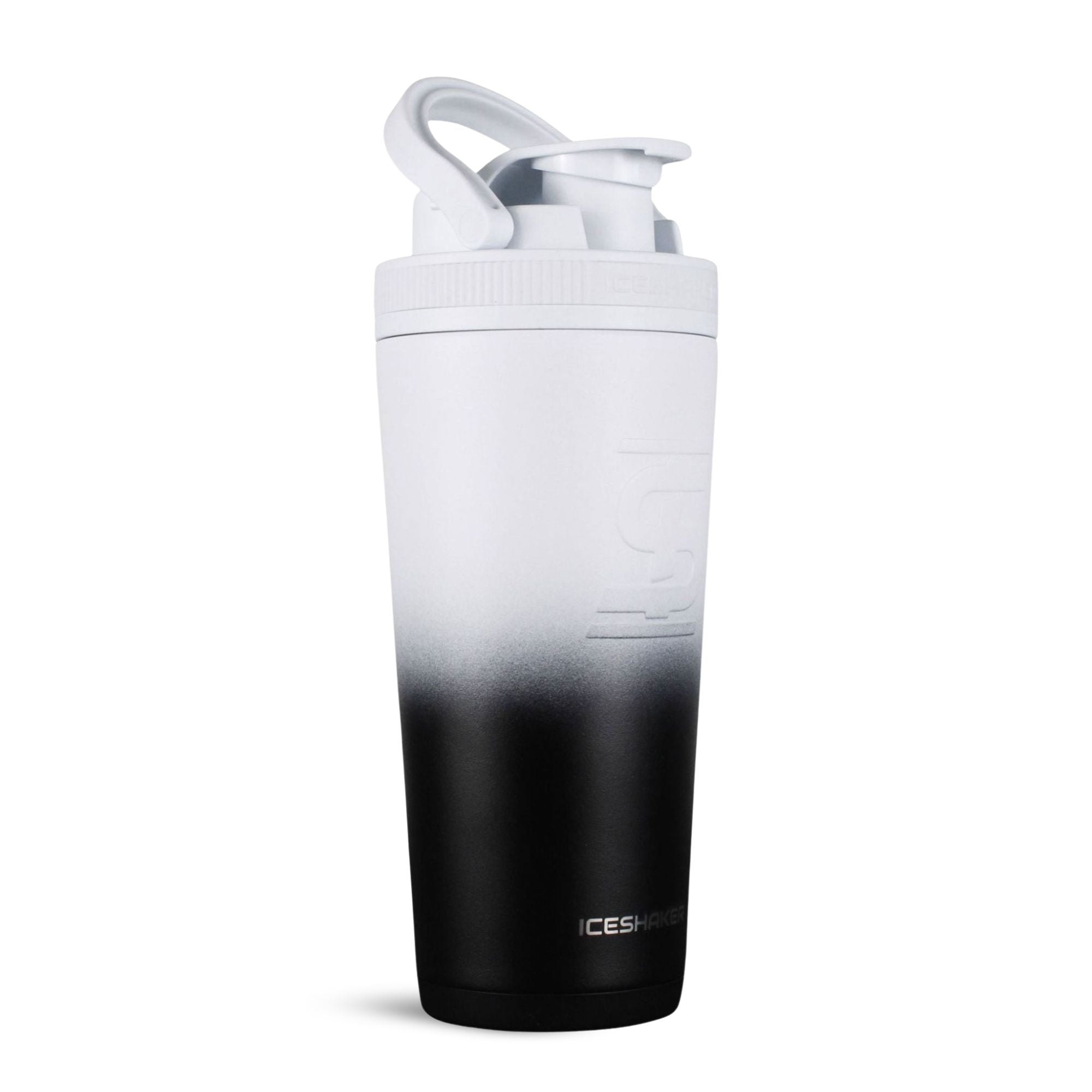 Black White Ombre 26oz Shaker Bottle with the handle on the lid lifted.