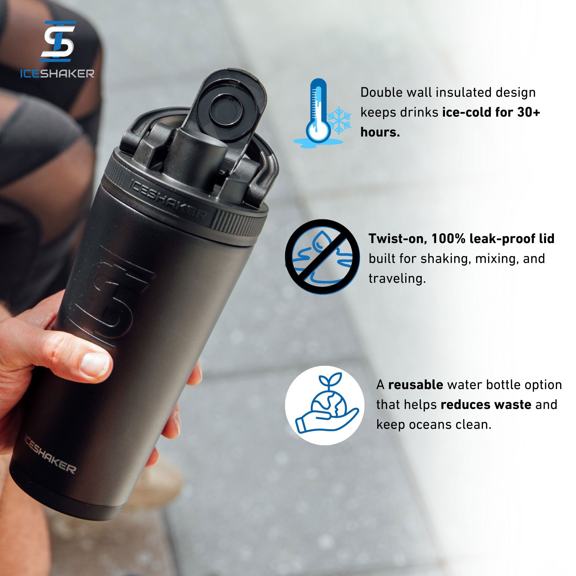 A black 26oz Ice Shaker being held by a person with important product features highlighted including: the insulated design keeps drinks ice-cold for 30+ hours, the twist-on 100% leak-proof lid, and the bottle being an eco-friendly water bottle option.