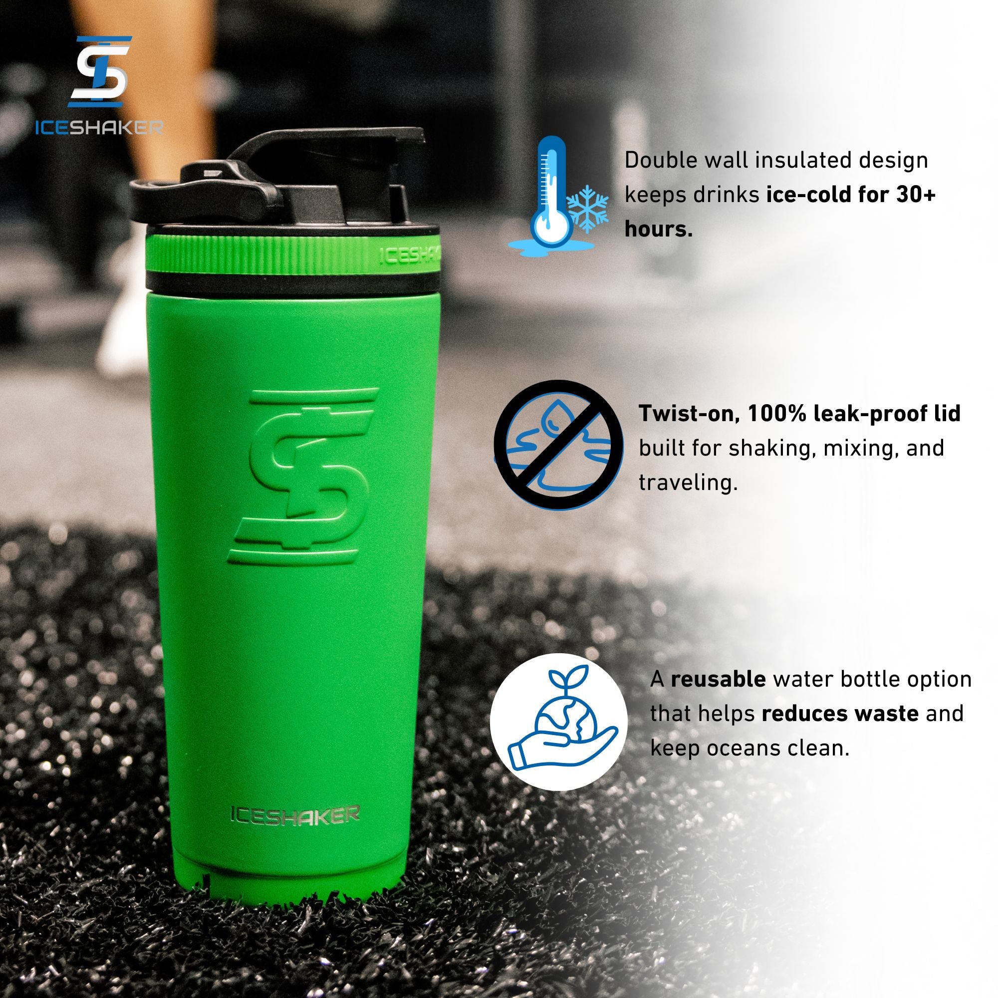 a Dragon Green 26oz Ice Shaker with features listed out next to it. The features include the double-wall insulated design that keeps drinks ice-cold for 30+ hours, the twist-on leak-proof lid built for shaking, mixing, and traveling, and it being a eco-friendly, reusable water bottle option that helps reduce plastic pollution.