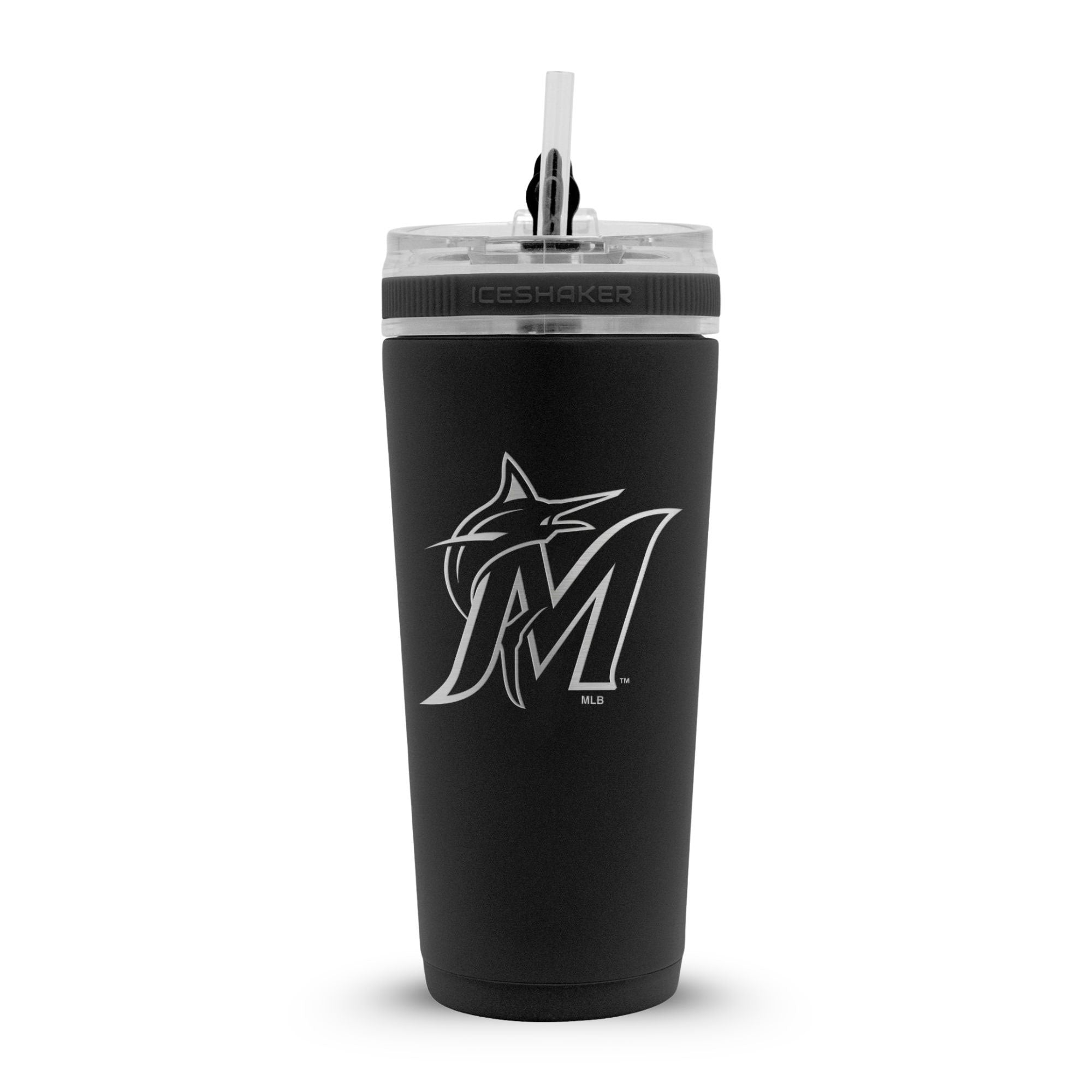 Black 26oz Flex Bottle with Straw with the Miami Marlins logo engraved on the back of it.
