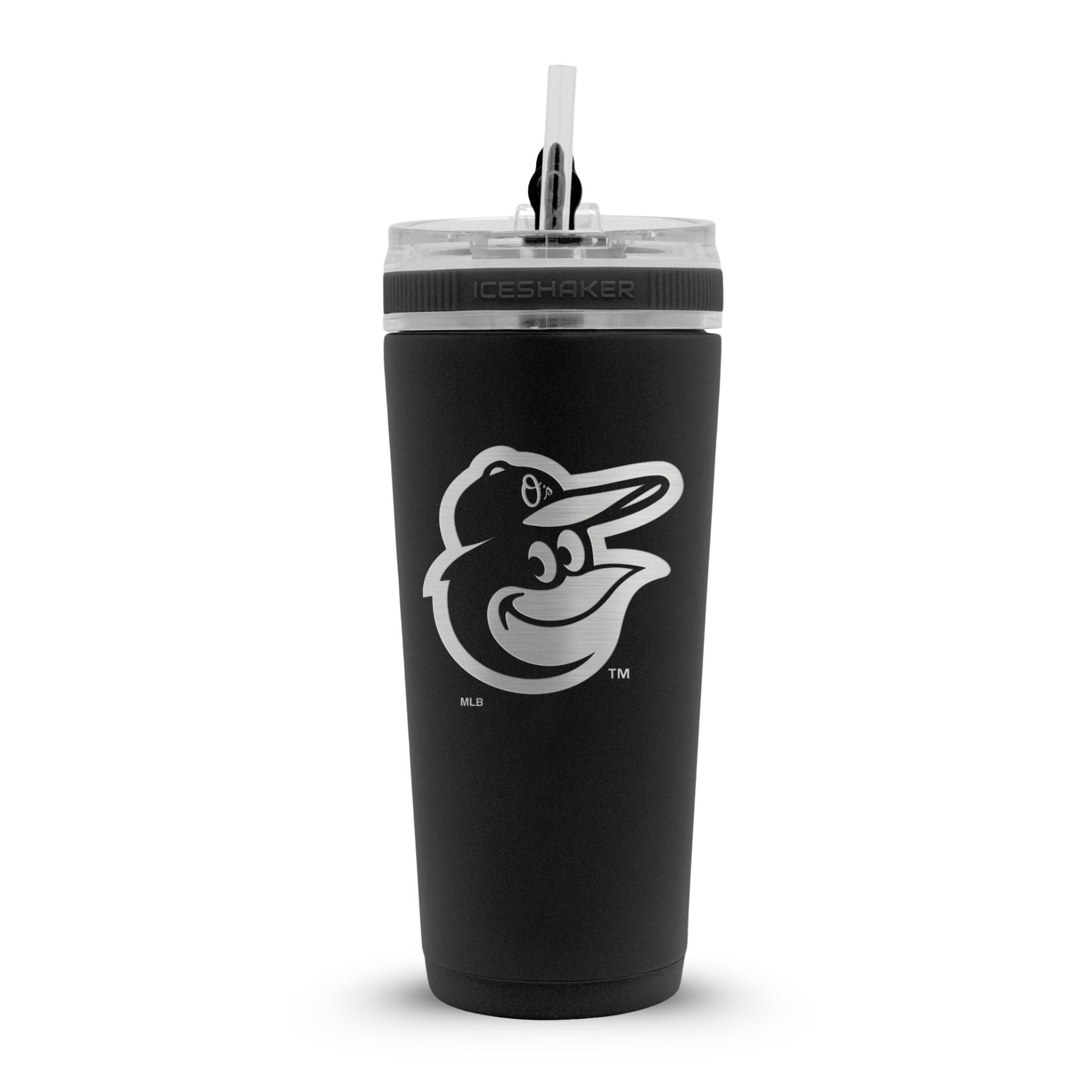 Black 26oz Flex Bottle with straw with the Baltimore Orioles logo engraved on the back of it.