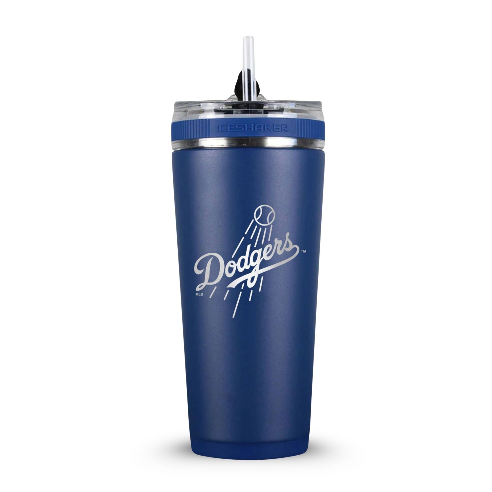 Navy 26oz Flex Bottle with the Dodgers logo engraved on the back of it.