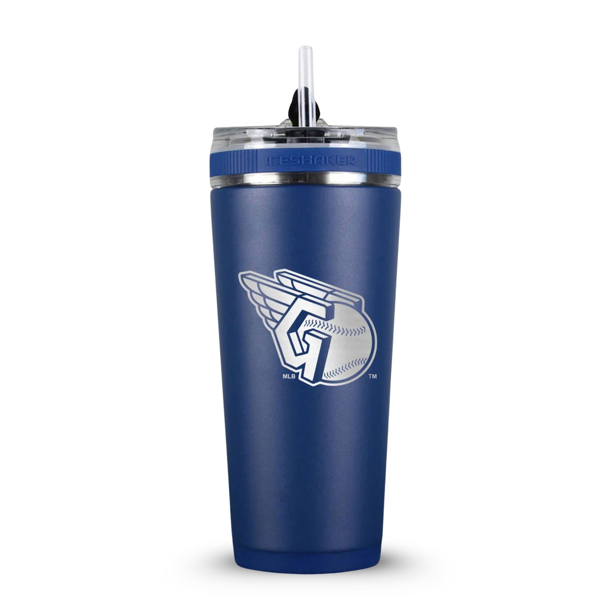 Navy 26oz Flex Bottle with Straw with the Cleveland Guardians logo engraved on the back of it.