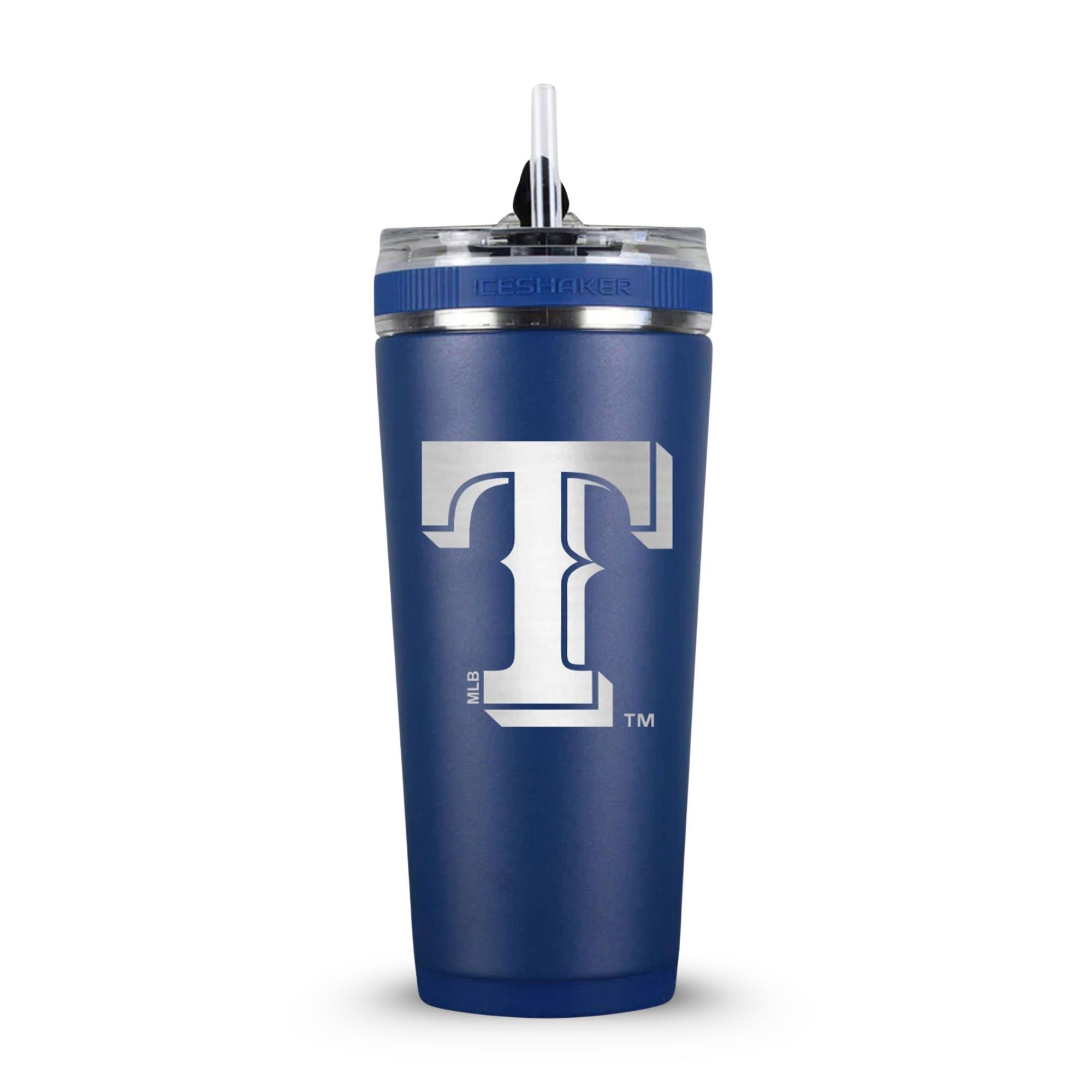 Navy 26oz Flex Bottle with Straw with the Texas Rangers logo engraved on the back of it.