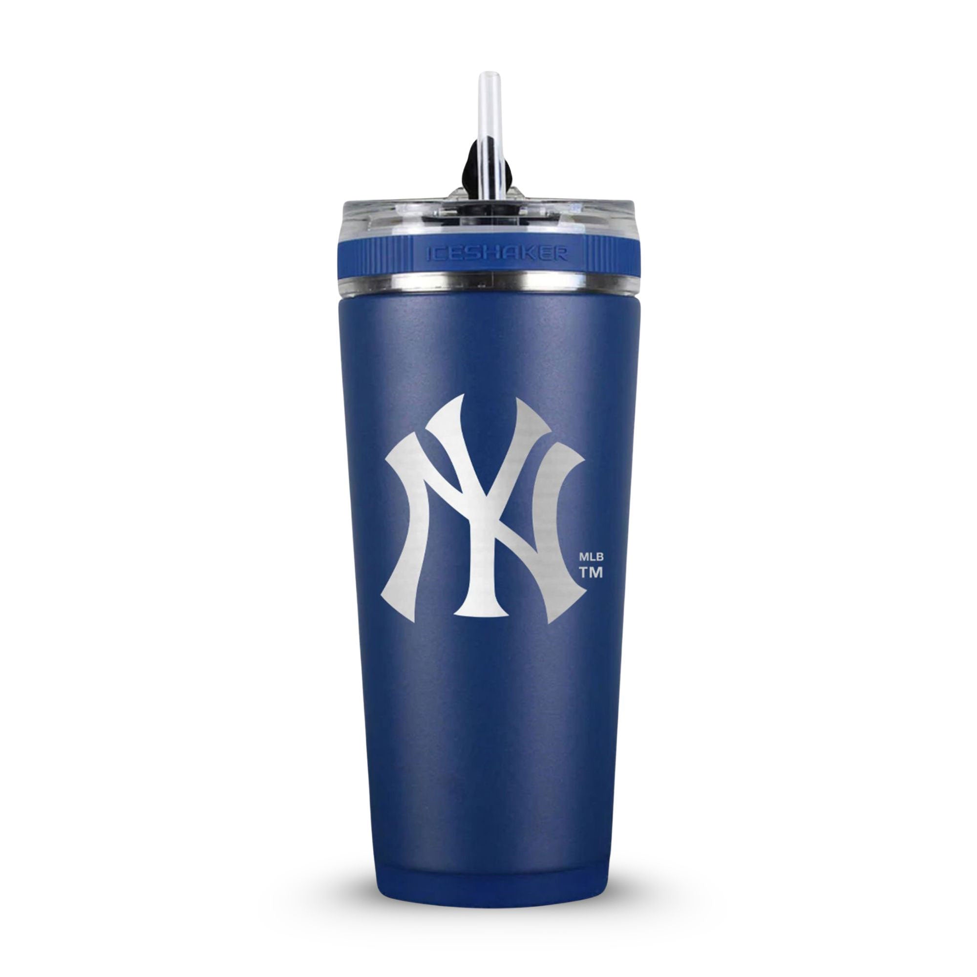 Navy 26oz Flex Bottle with Straw with the New York Yankees logo engraved on the back of it.