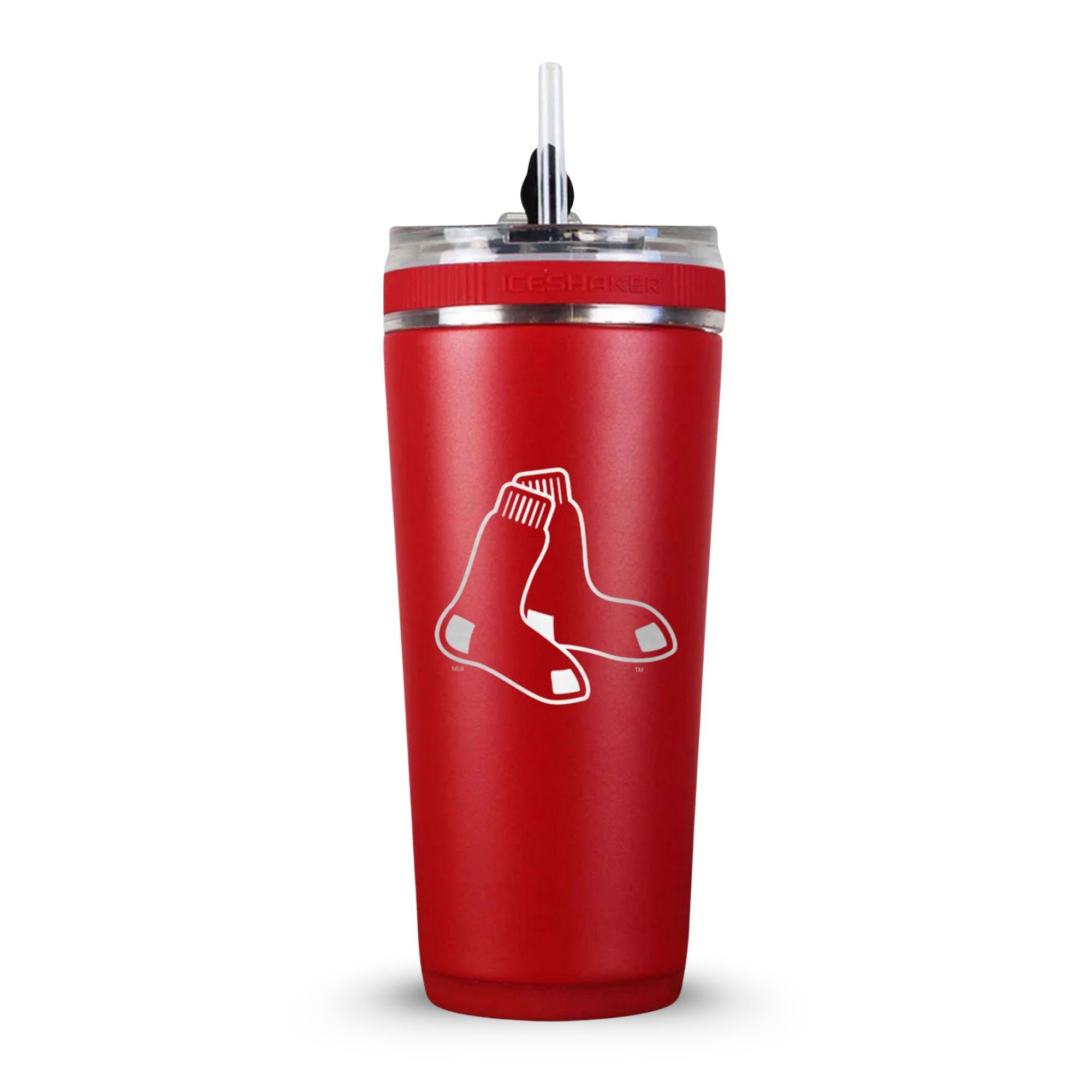 Black 26oz Flex Bottle with Straw with the Boston Red Sox logo engraved on the back of it.