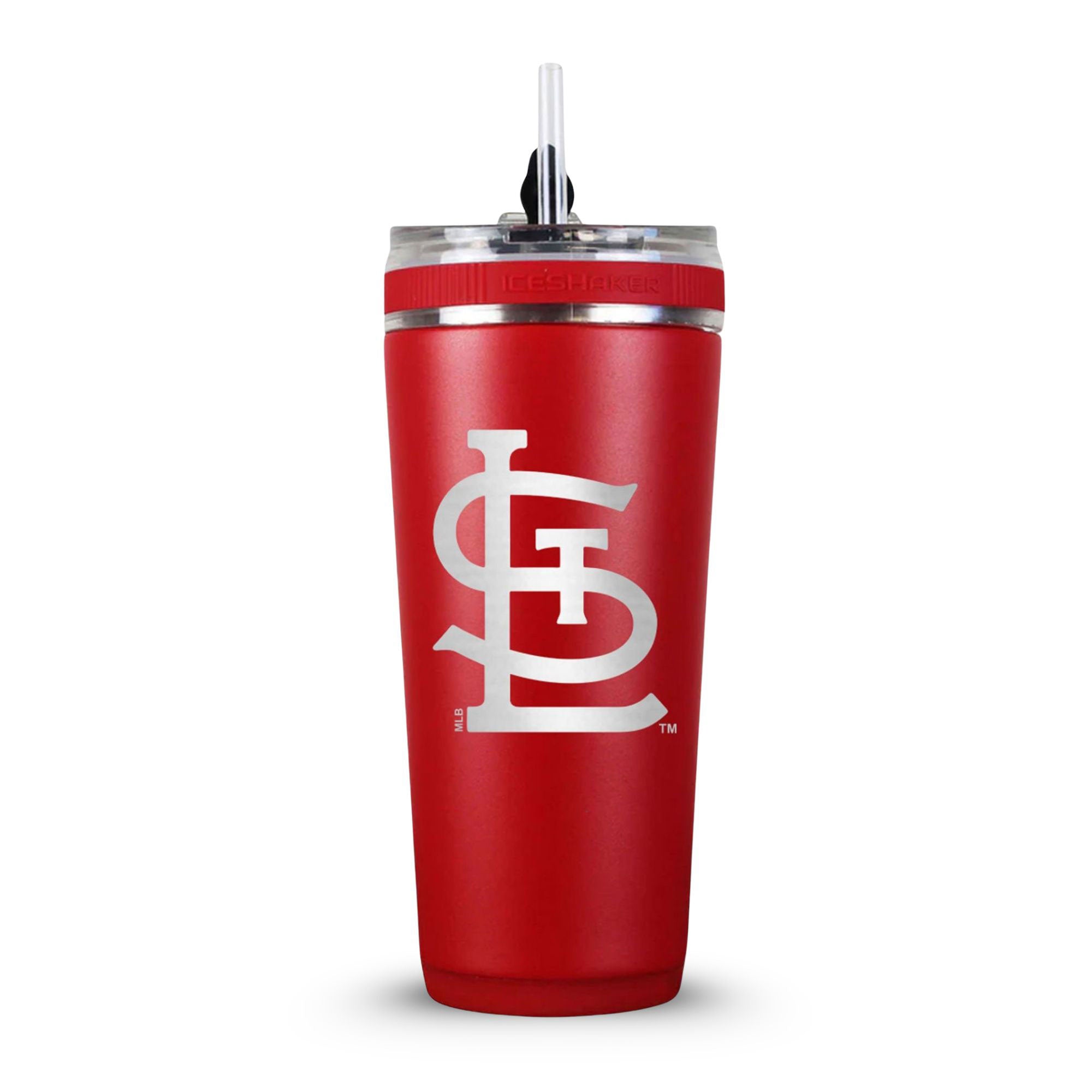 Red 26oz Flex Bottle with Straw with the St. Louis Cardinals logo engraved on the back of it.