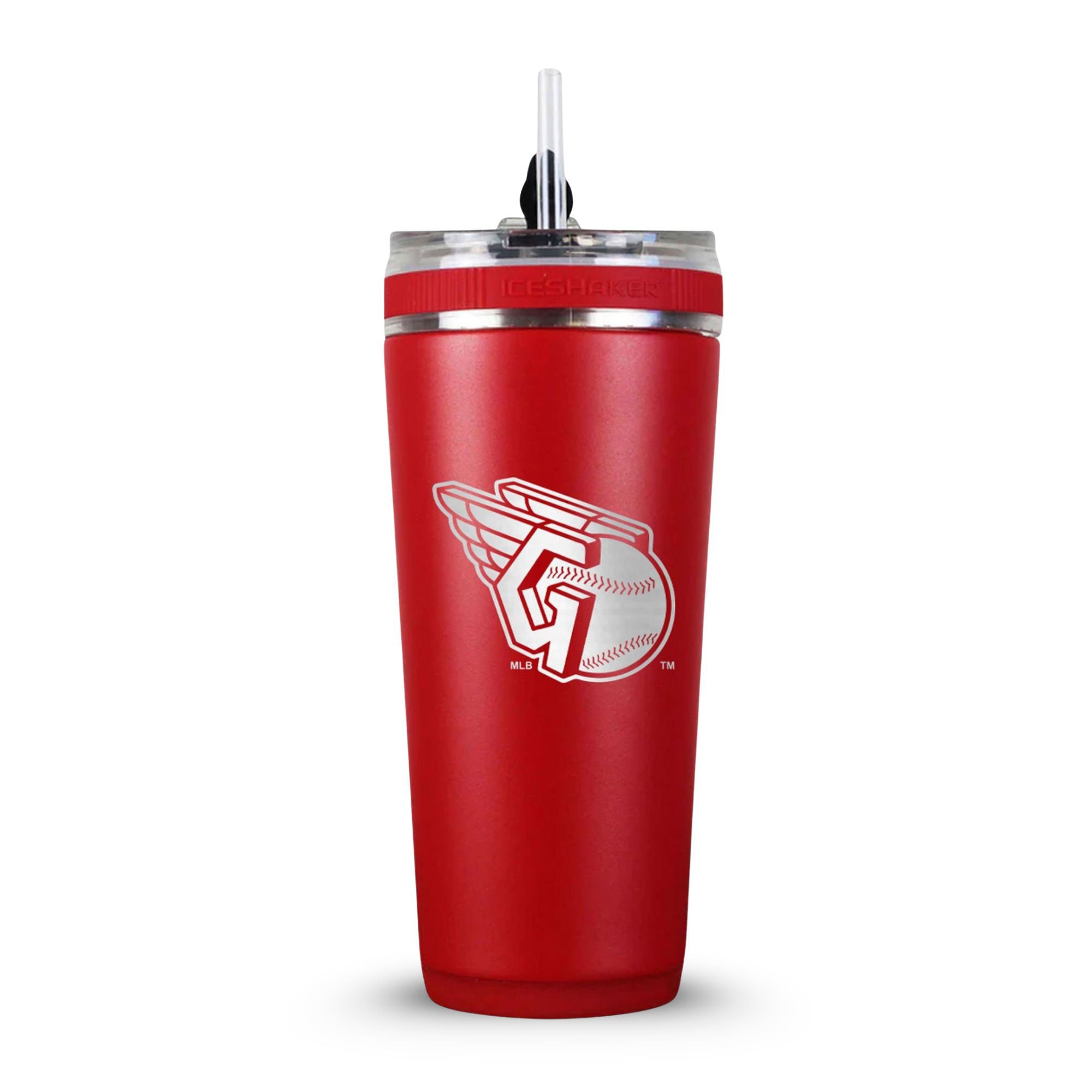 Red 26oz Flex Bottle with Straw with the Cleveland Guardians logo engraved on the back of it.