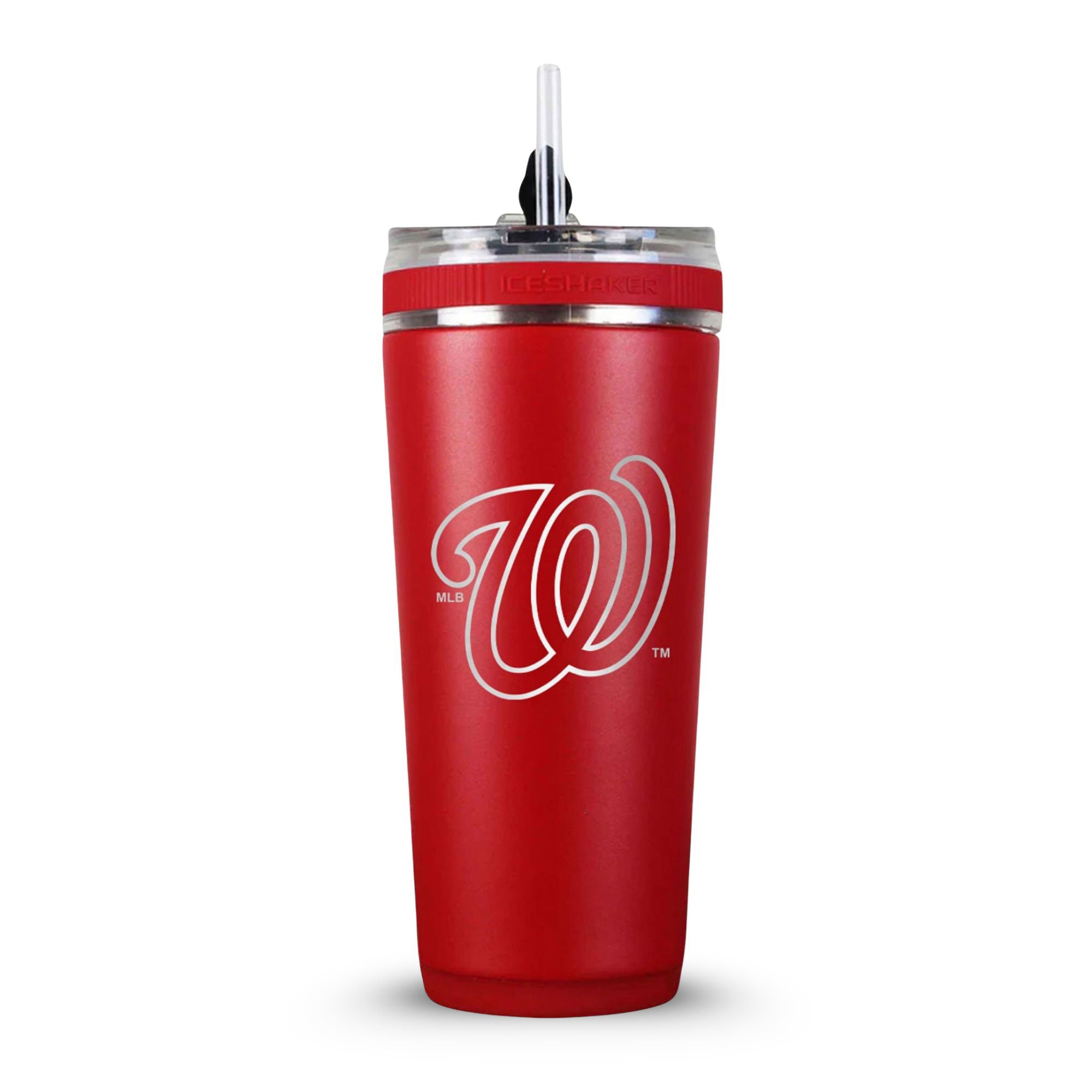 Red 26oz Flex Bottle with Straw with the Washington Nationals logo engraved on the back of it.