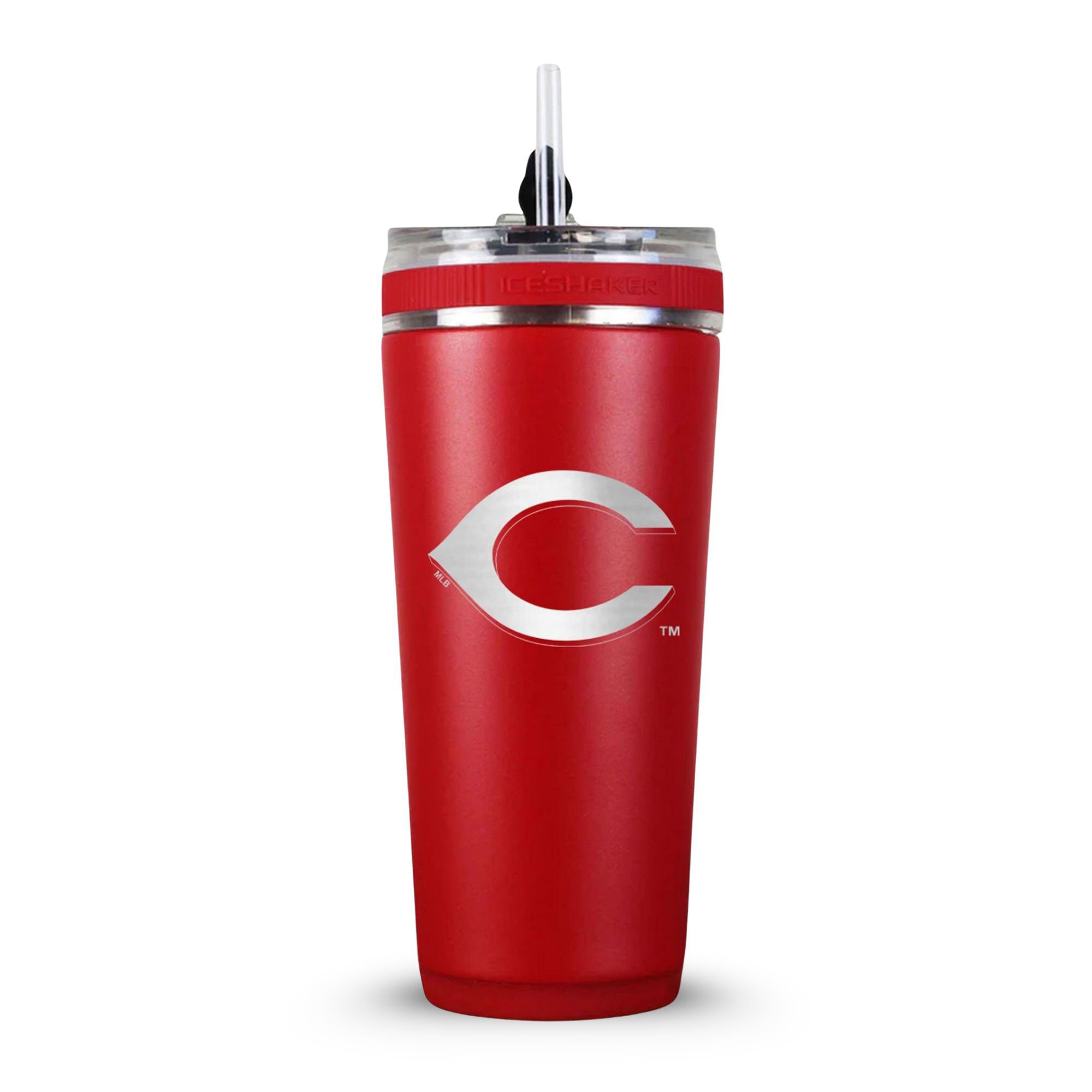 Red 26oz Flex Bottle with straw with the Cincinnati Reds logo engraved on the back of it.