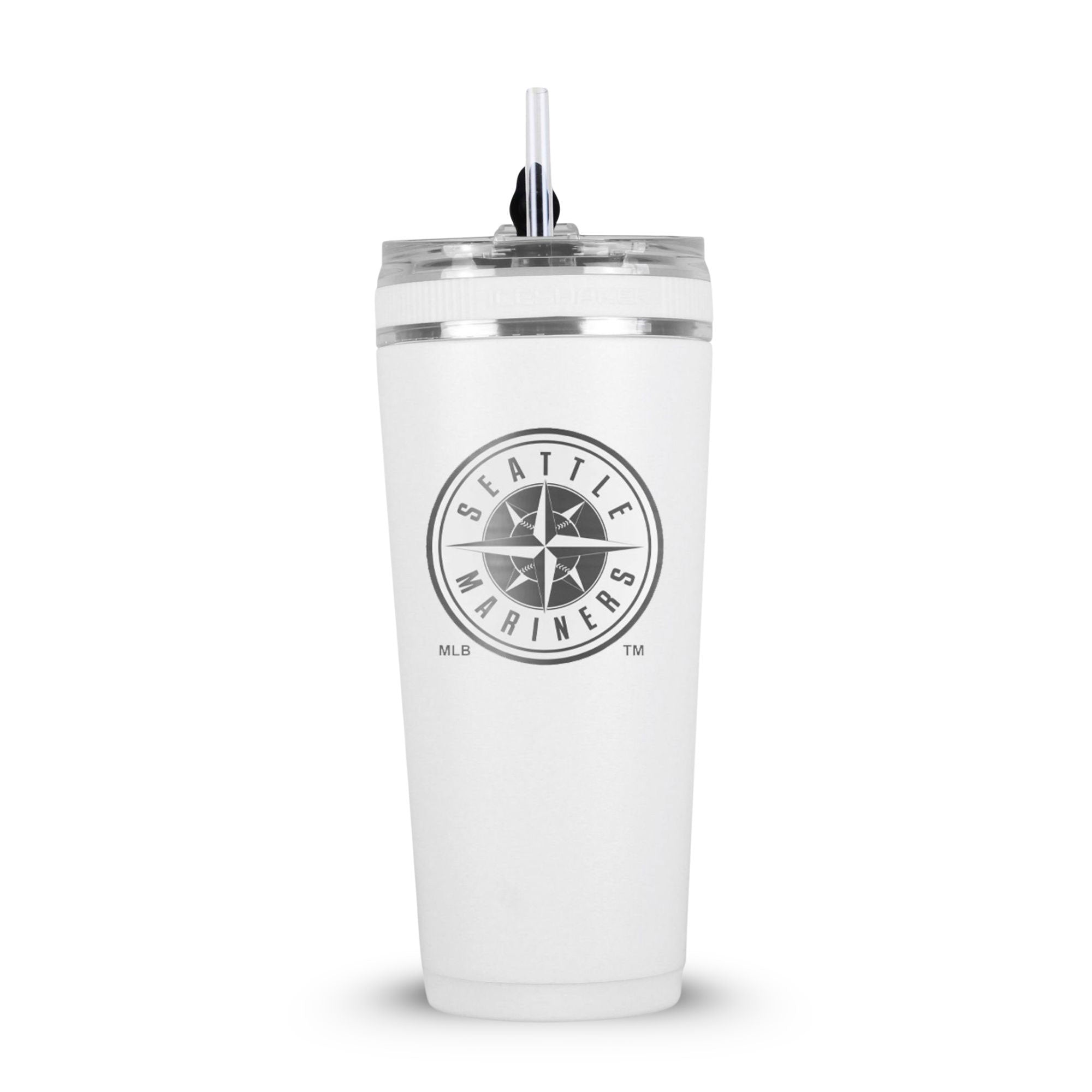 White 26oz Flex Bottle with Straw with the Seattle Mariners logo engraved on the back of it.