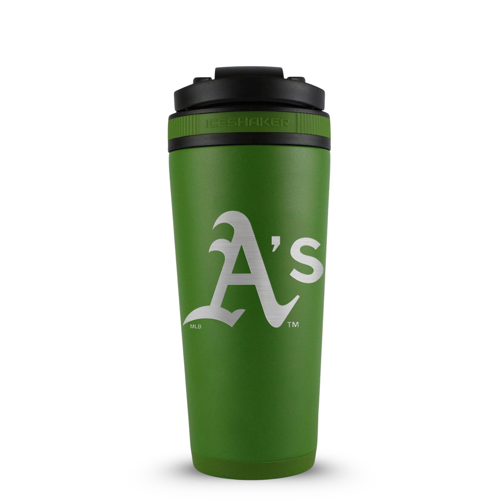 Green 26oz Ice Shaker with the Oakland Athletics logo engraved on the back of it.