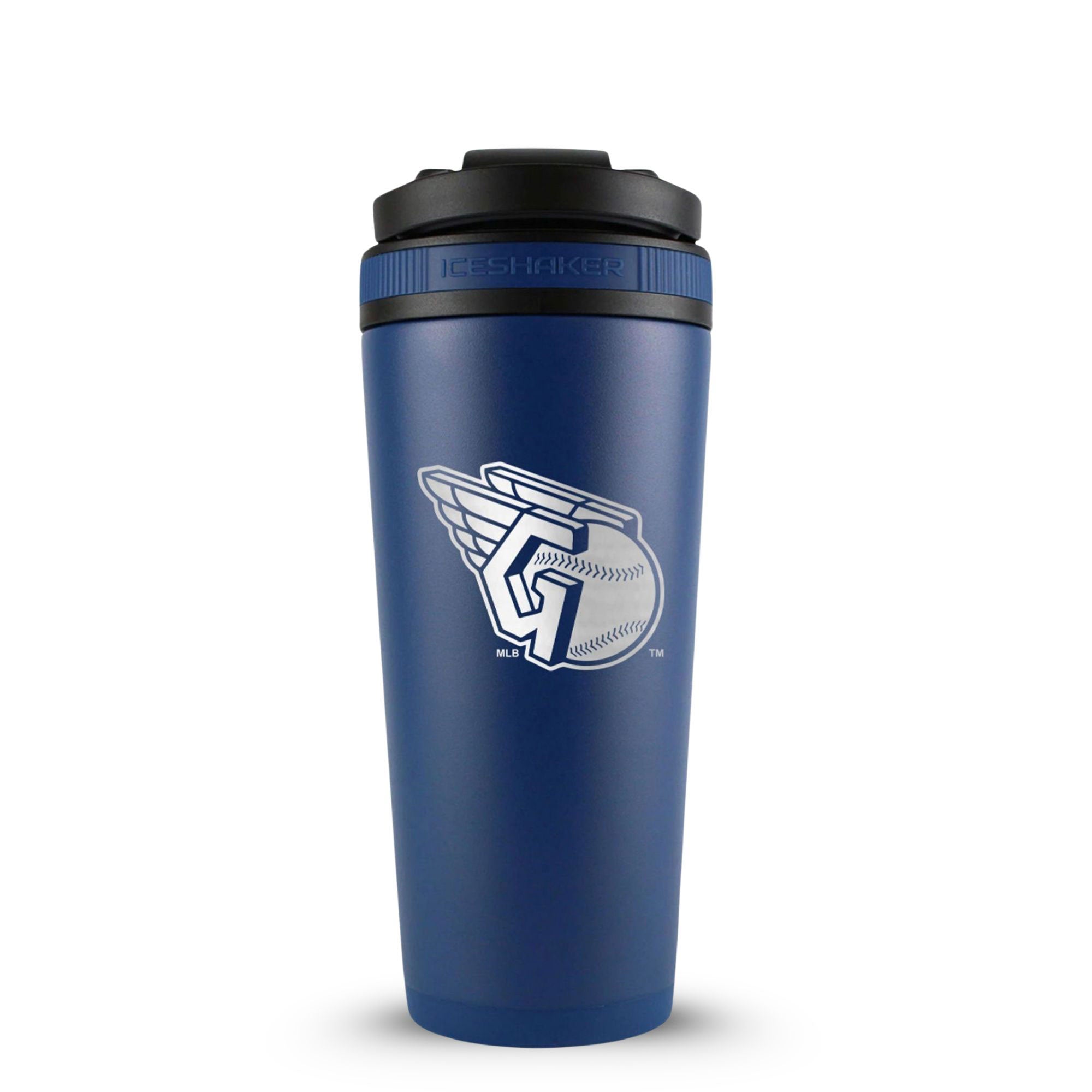Navy 26oz Ice Shaker with the Cleveland Guardians logo engraved on the back of it.