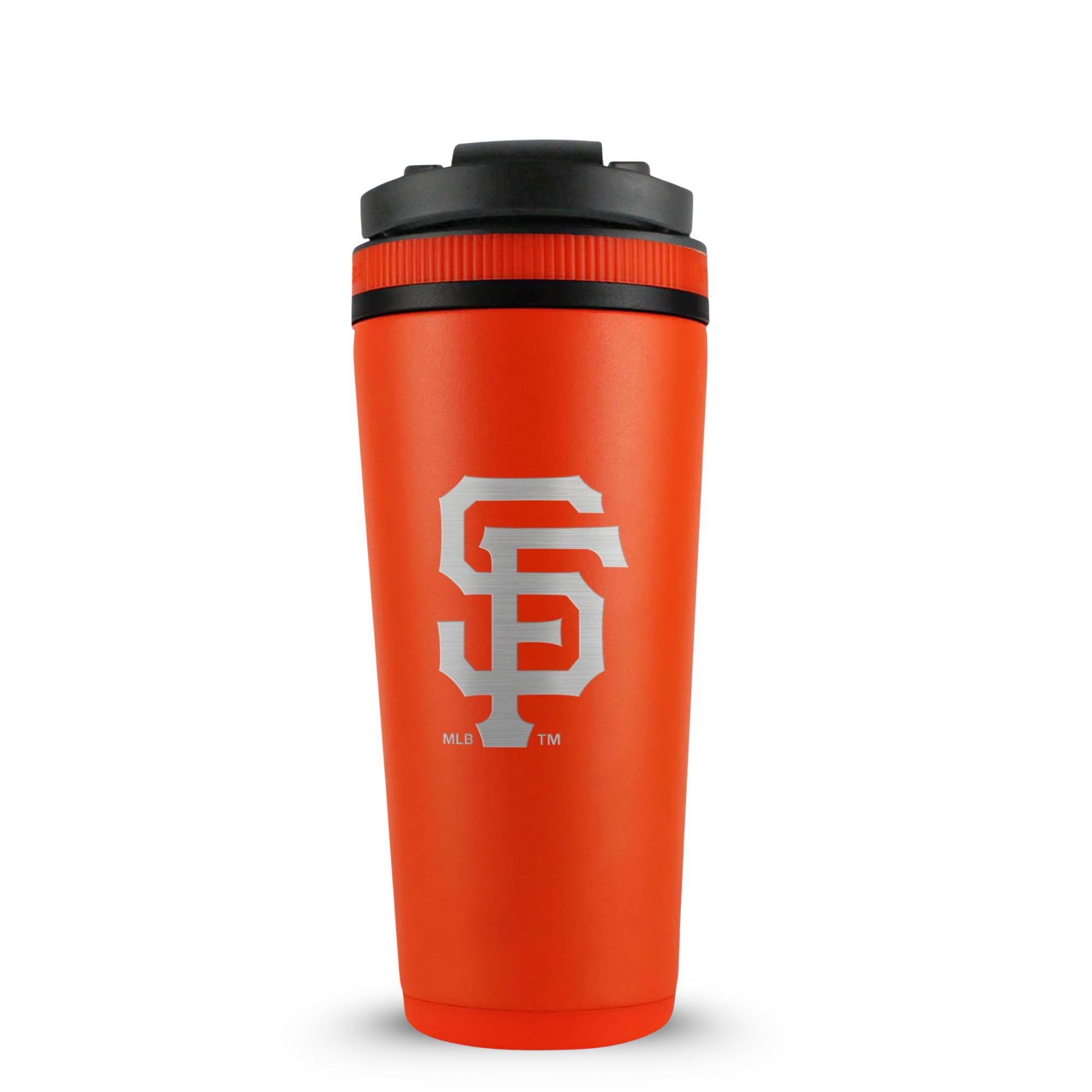 Orange 26oz Ice Shaker with the San Francisco Giants logo engraved on the back of it.