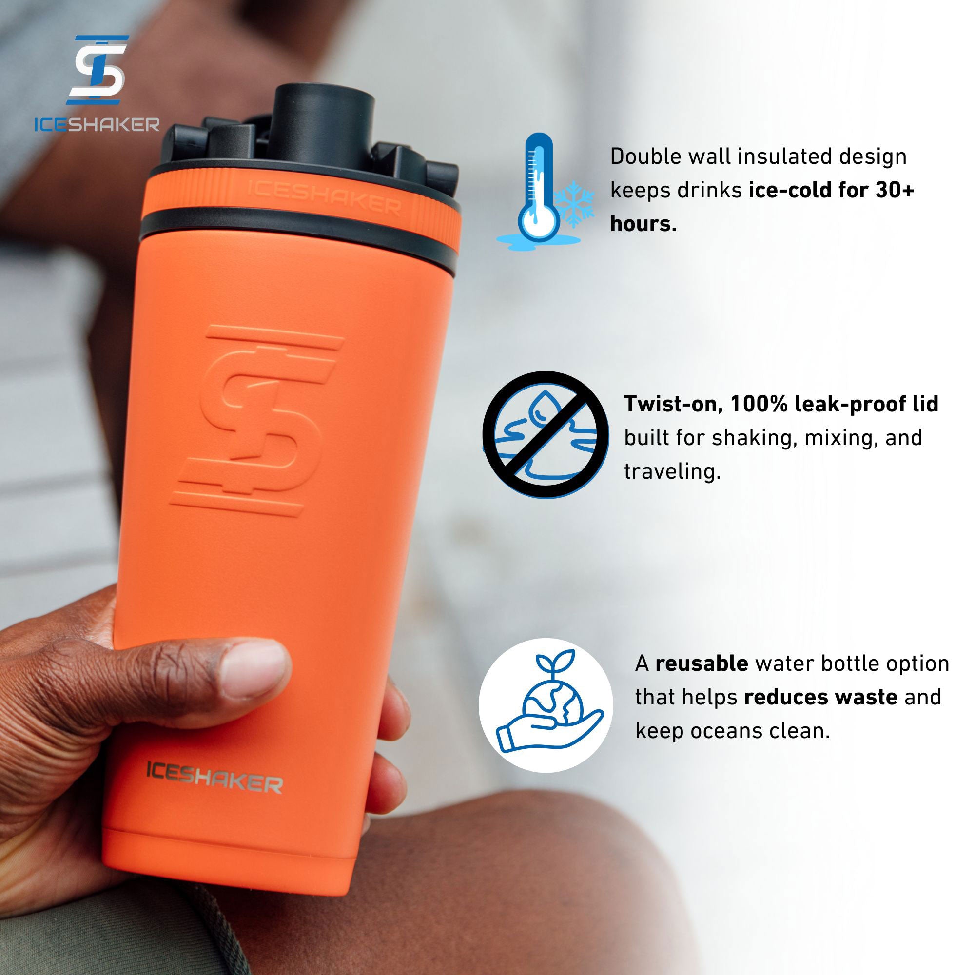 A orange 26oz Ice Shaker being held by a person with important product features highlighted including: the insulated design keeps drinks ice-cold for 30+ hours, the twist-on 100% leak-proof lid, and the bottle being an eco-friendly water bottle option.