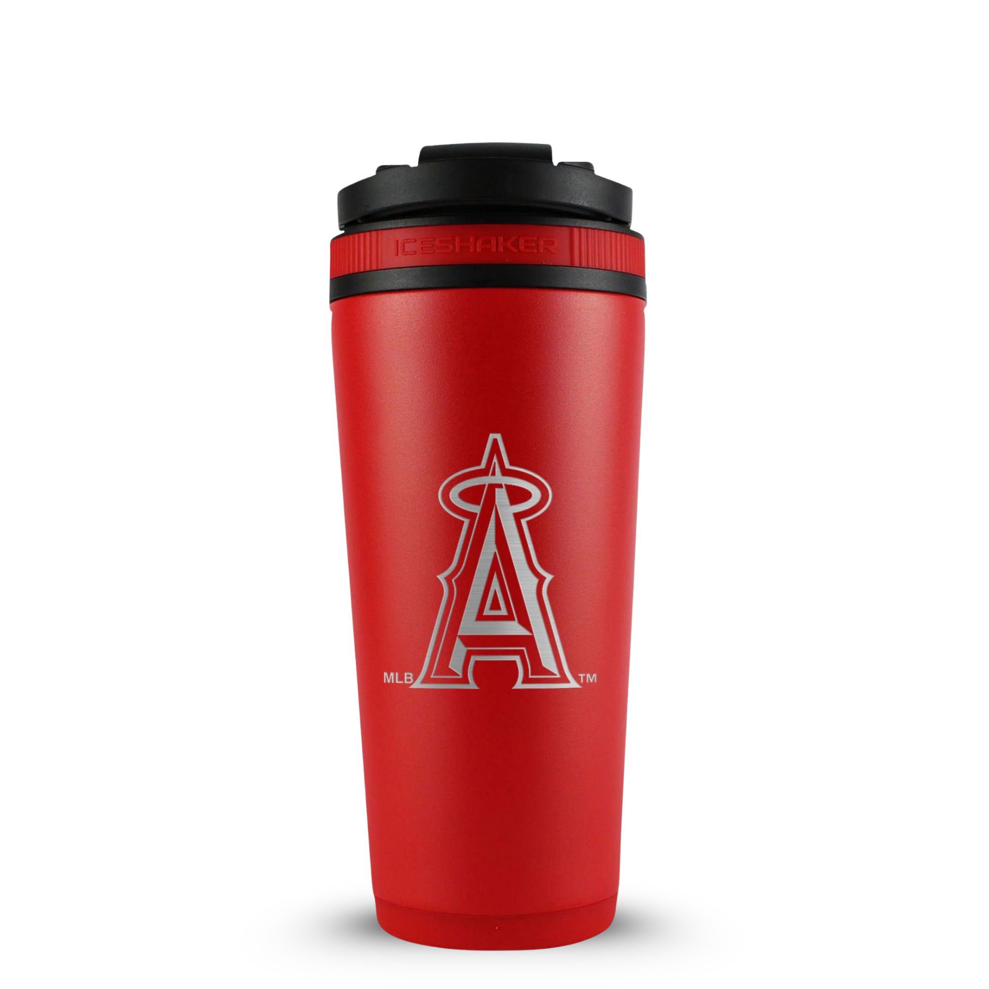 Red 26oz Ice Shaker with the Los Angeles Angels logo engraved on the back of it.