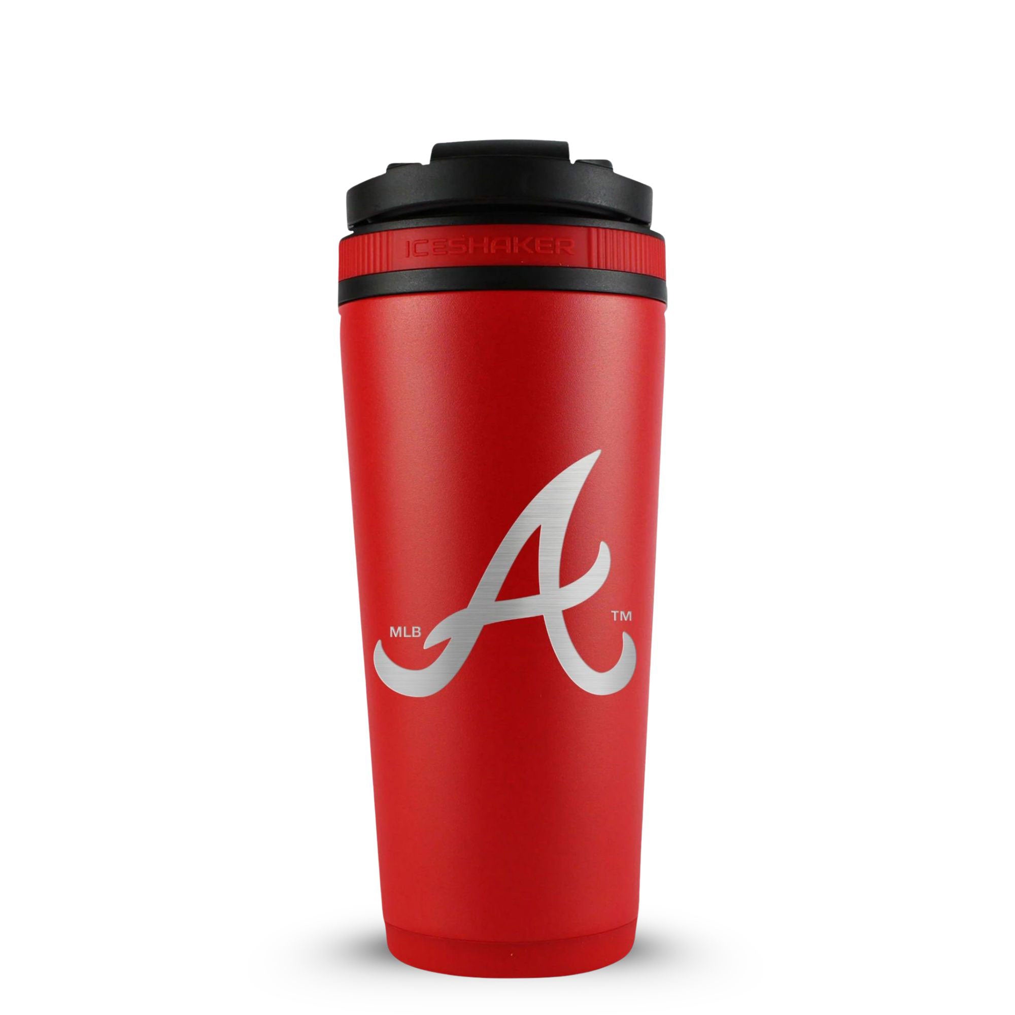 Red 26oz Ice Shaker with the Official MLB Atlanta Braves logo engraved on the back.