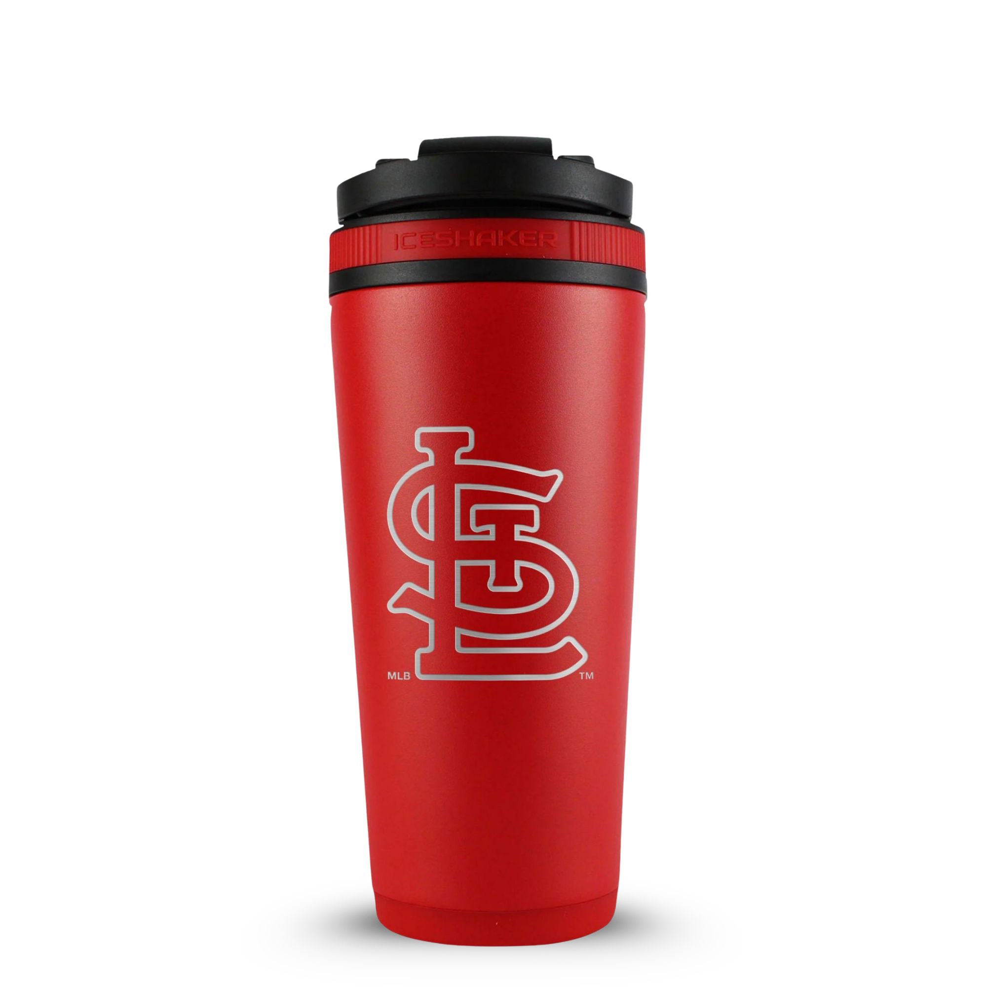 Red 26oz Ice Shaker with the St. Louis Cardinals logo engraved on the back of it.