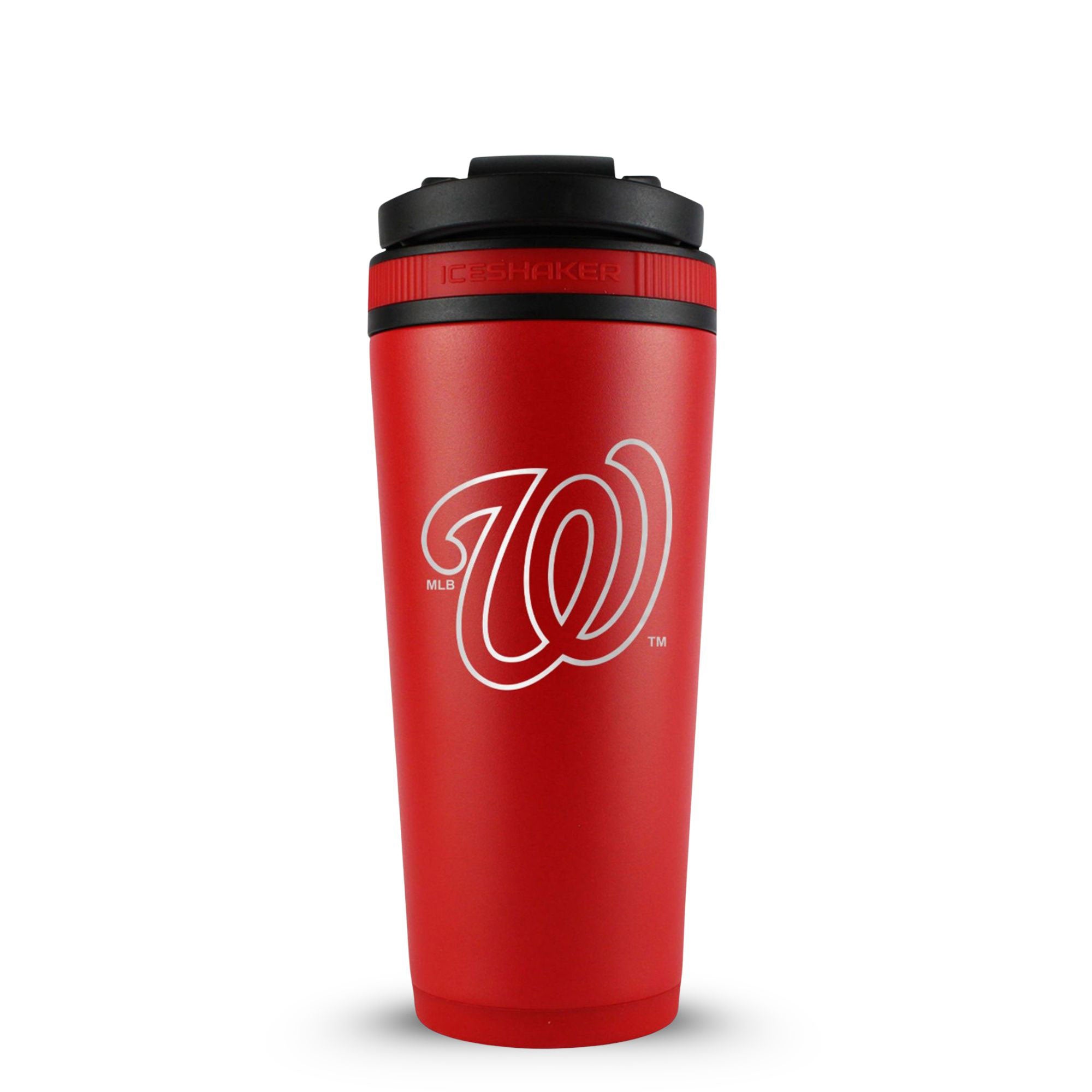 Red 26oz Ice Shaker with the Washington Nationals logo engraved on the back of it.
