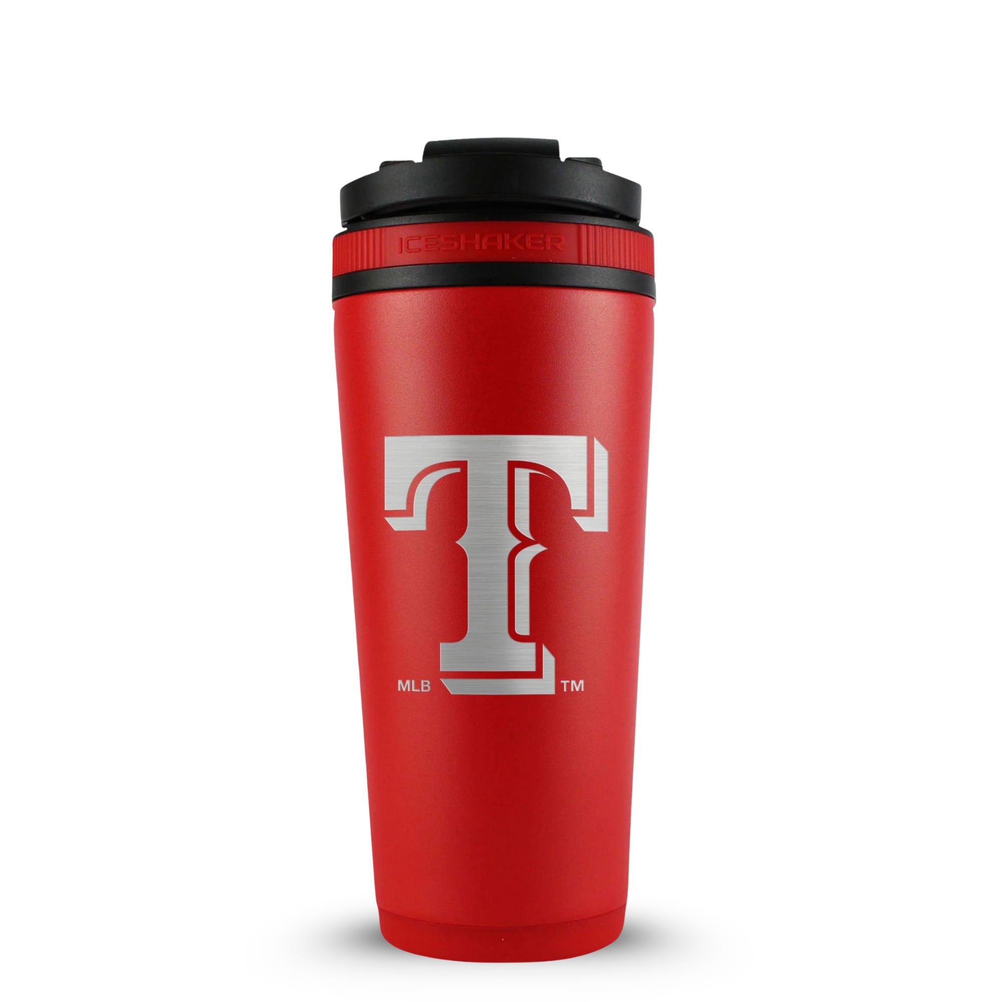 Red 26oz Ice Shaker with the Texas Rangers logo engraved on the back of it.
