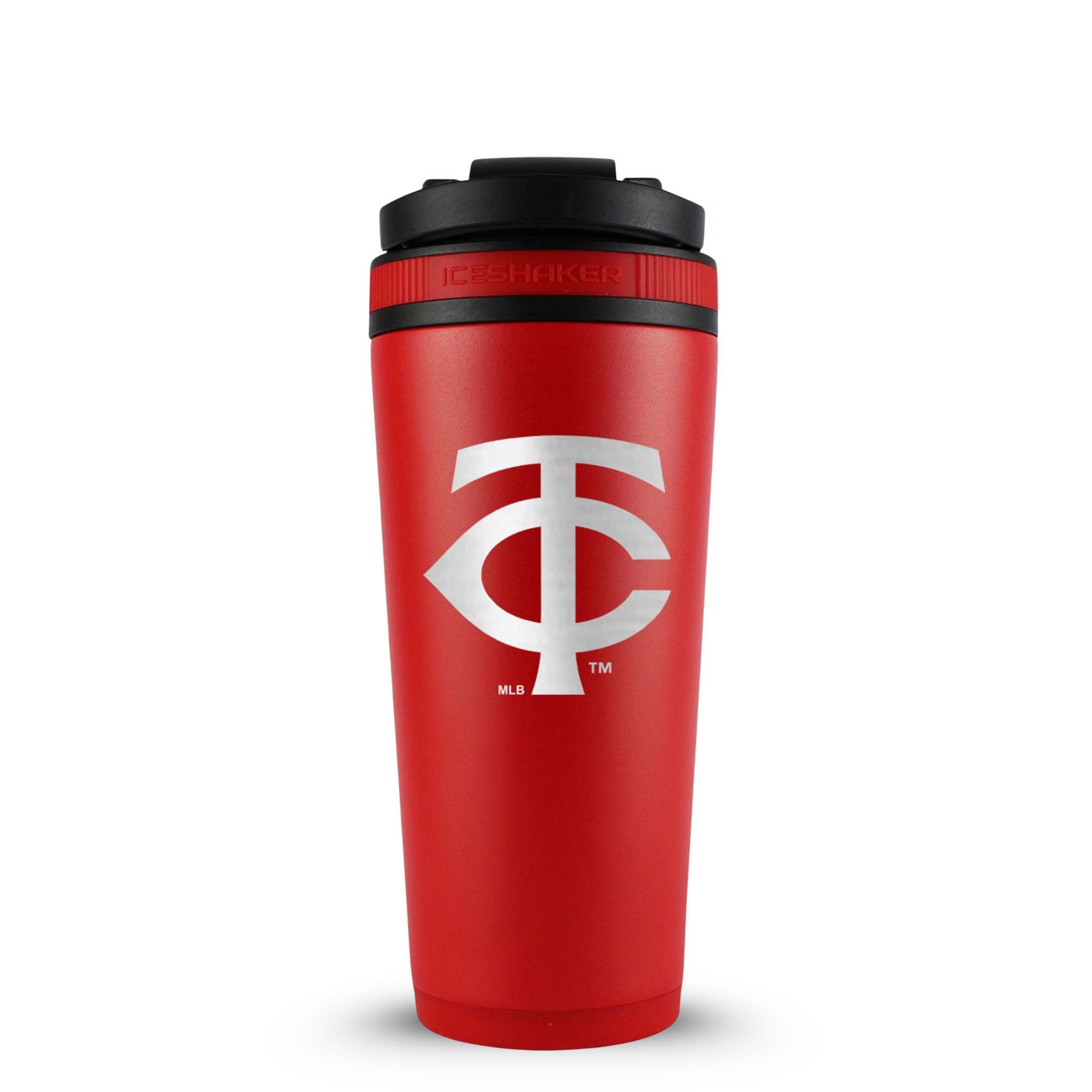Red 26oz Ice Shaker with the Minnesota Twins logo engraved on the back of it.