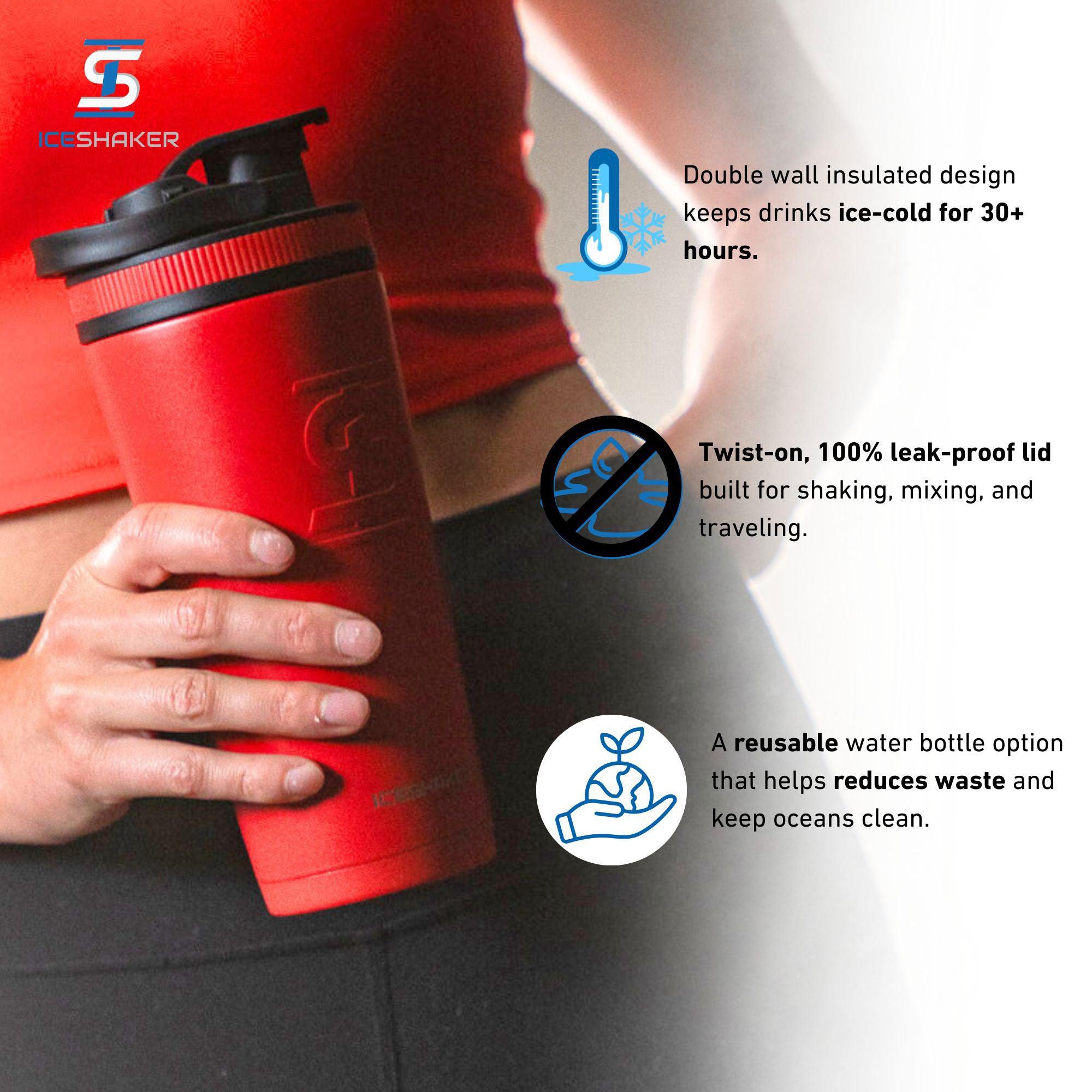 A red 26oz Ice Shaker being held by a person with important product features highlighted including: the insulated design keeps drinks ice-cold for 30+ hours, the twist-on 100% leak-proof lid, and the bottle being an eco-friendly water bottle option.