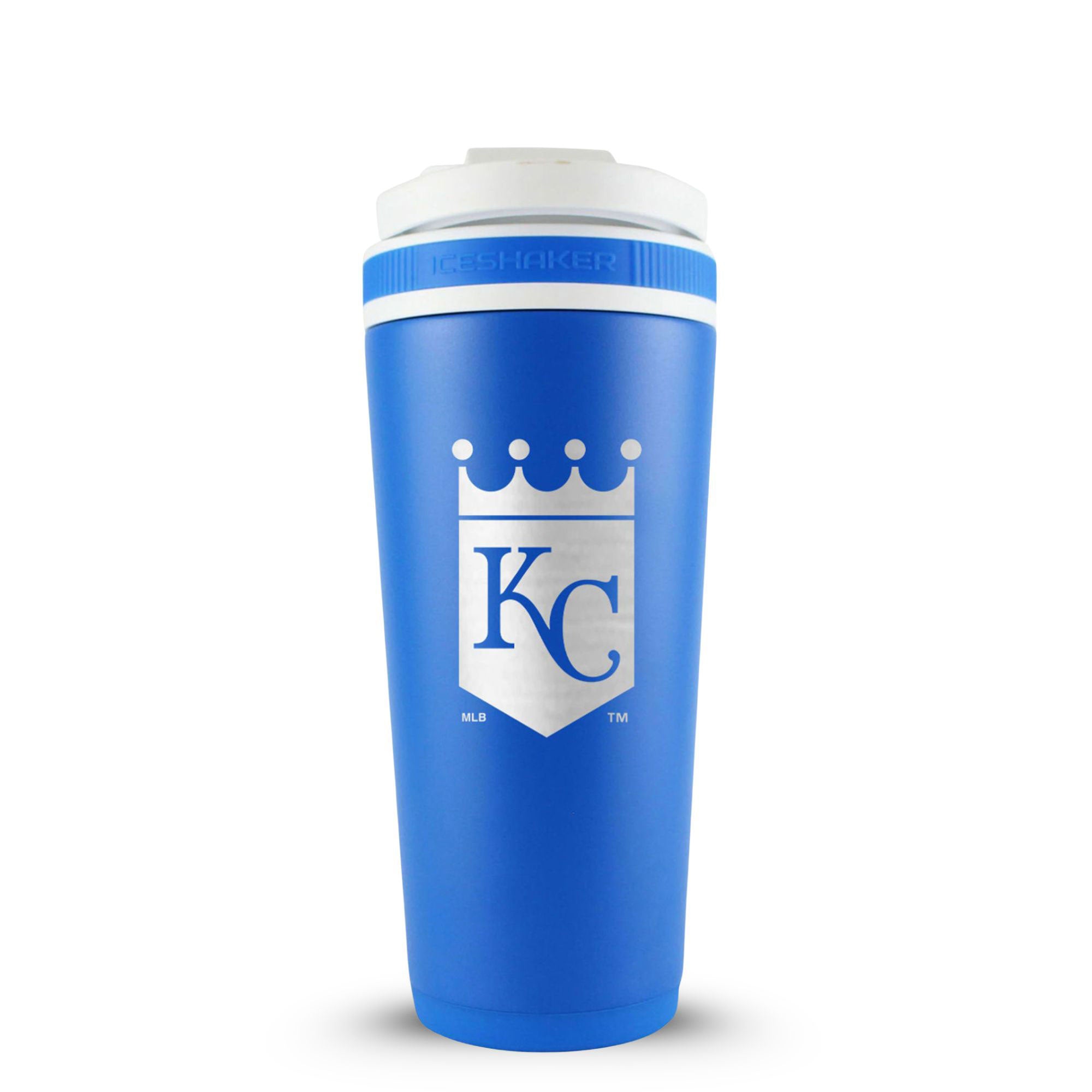 Royal Blue 26oz Ice Shaker with the Kansas City Royals logo engraved on the back of it