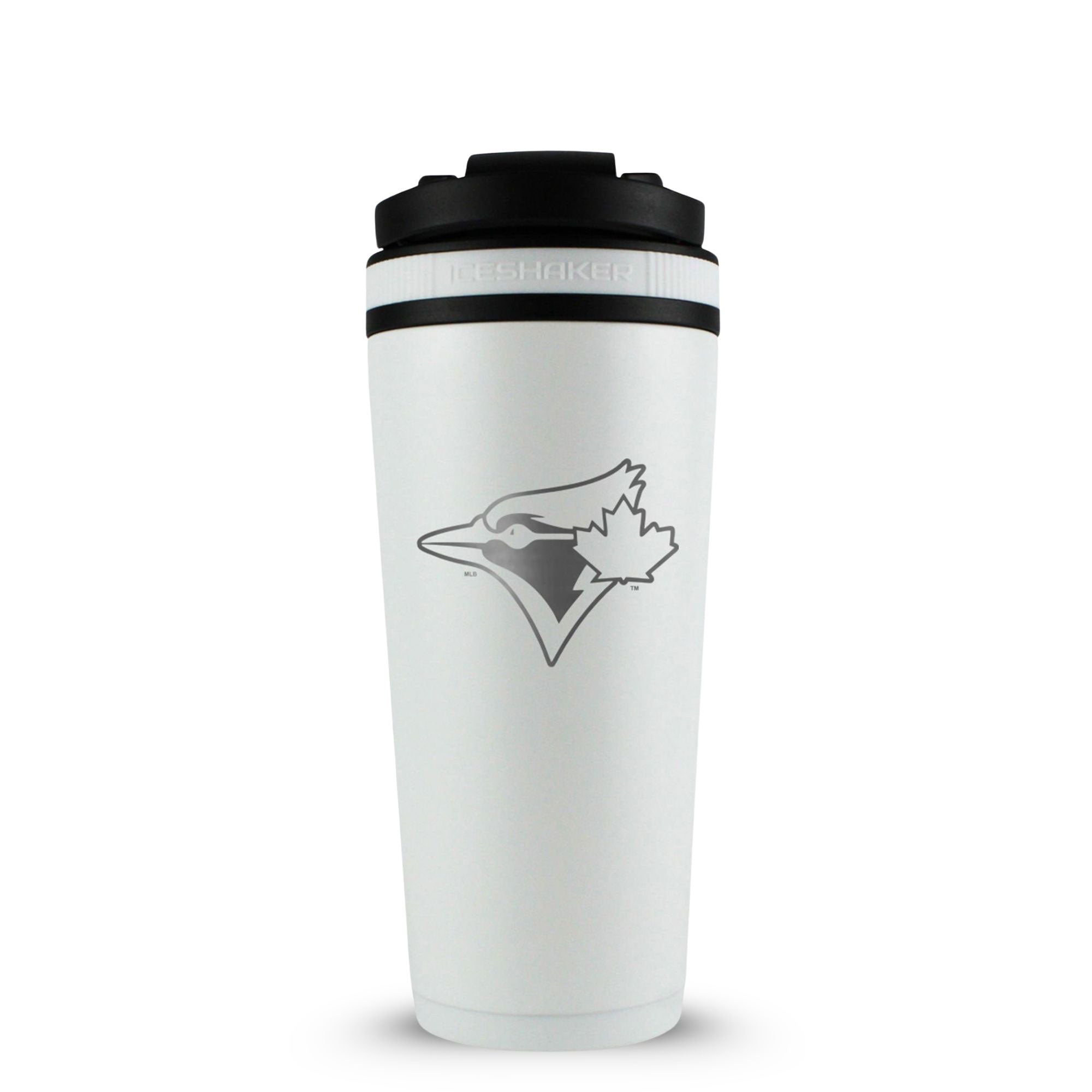 White 26oz Ice Shaker with the Toronto Blue Jays logo engraved on the back of it.