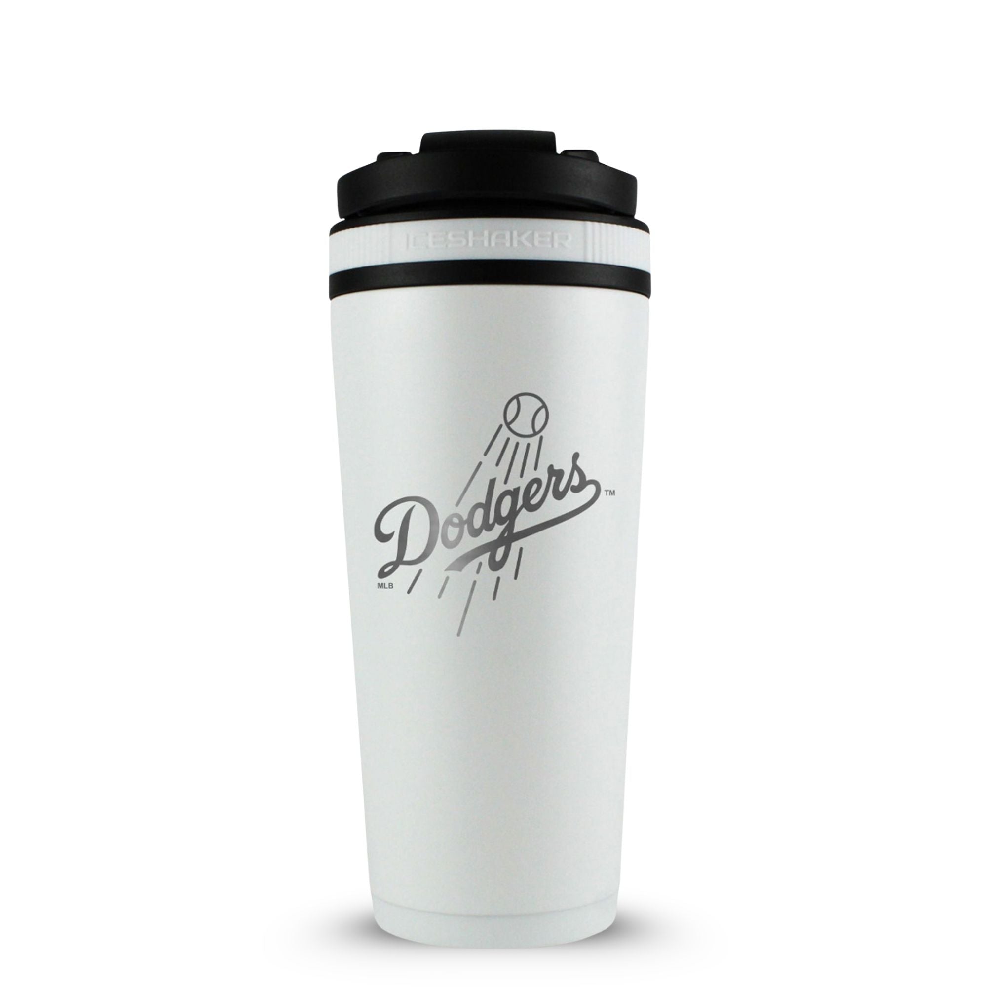 Navy 26oz Ice Shaker with the Dodgers logo engraved on the back of it.