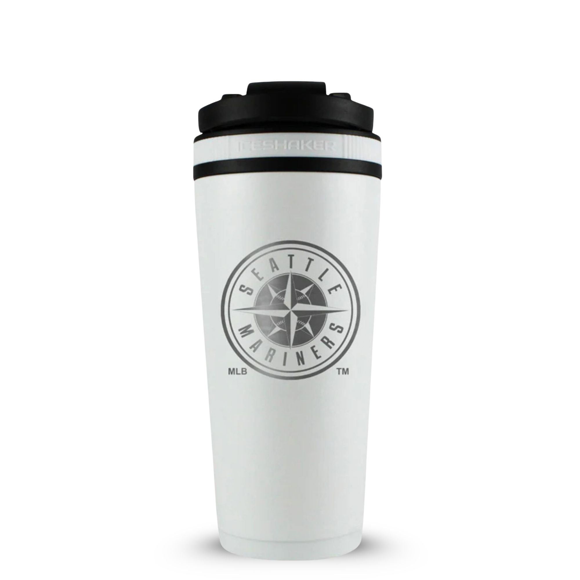White 26oz Ice shaker with the Seattle mariners logo engraved on the back of it.