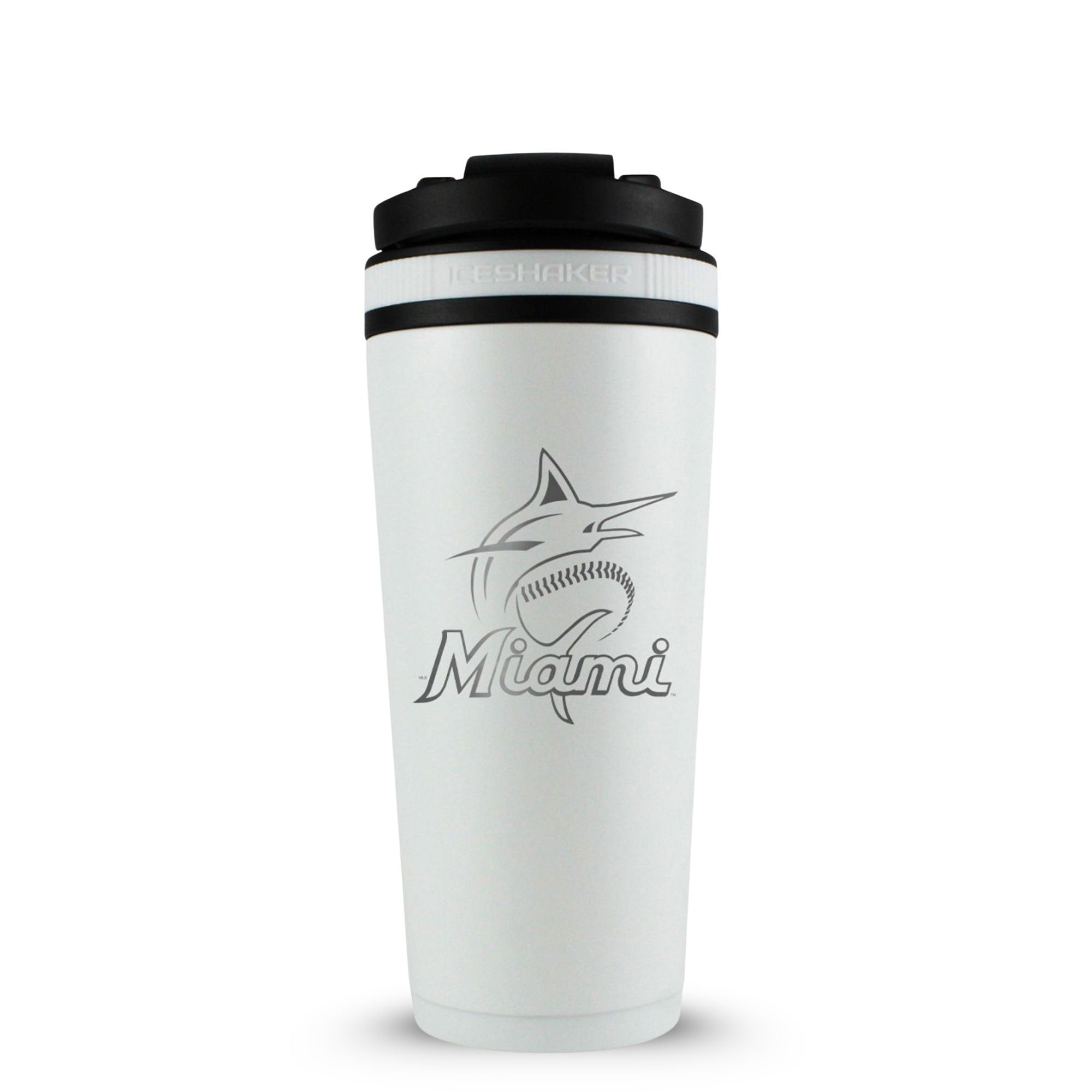 White 26oz Ice Shaker with the Miami Marlins logo engraved on the back of it.