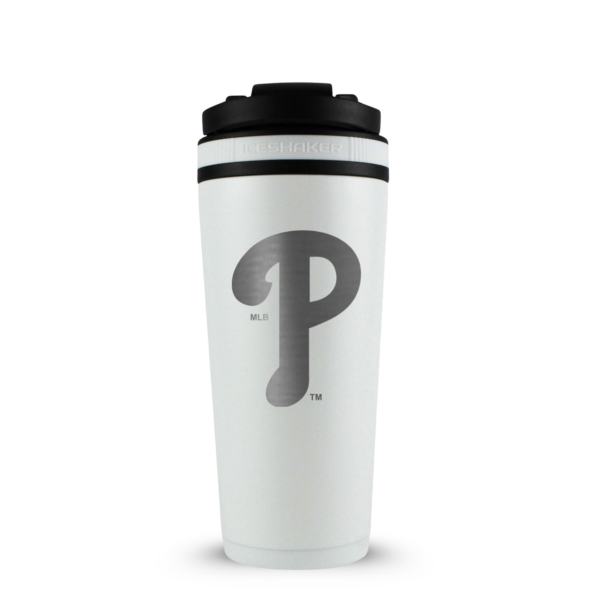 White 26oz Ice Shaker with the Philadelphia Phillies logo engraved on the back of it.