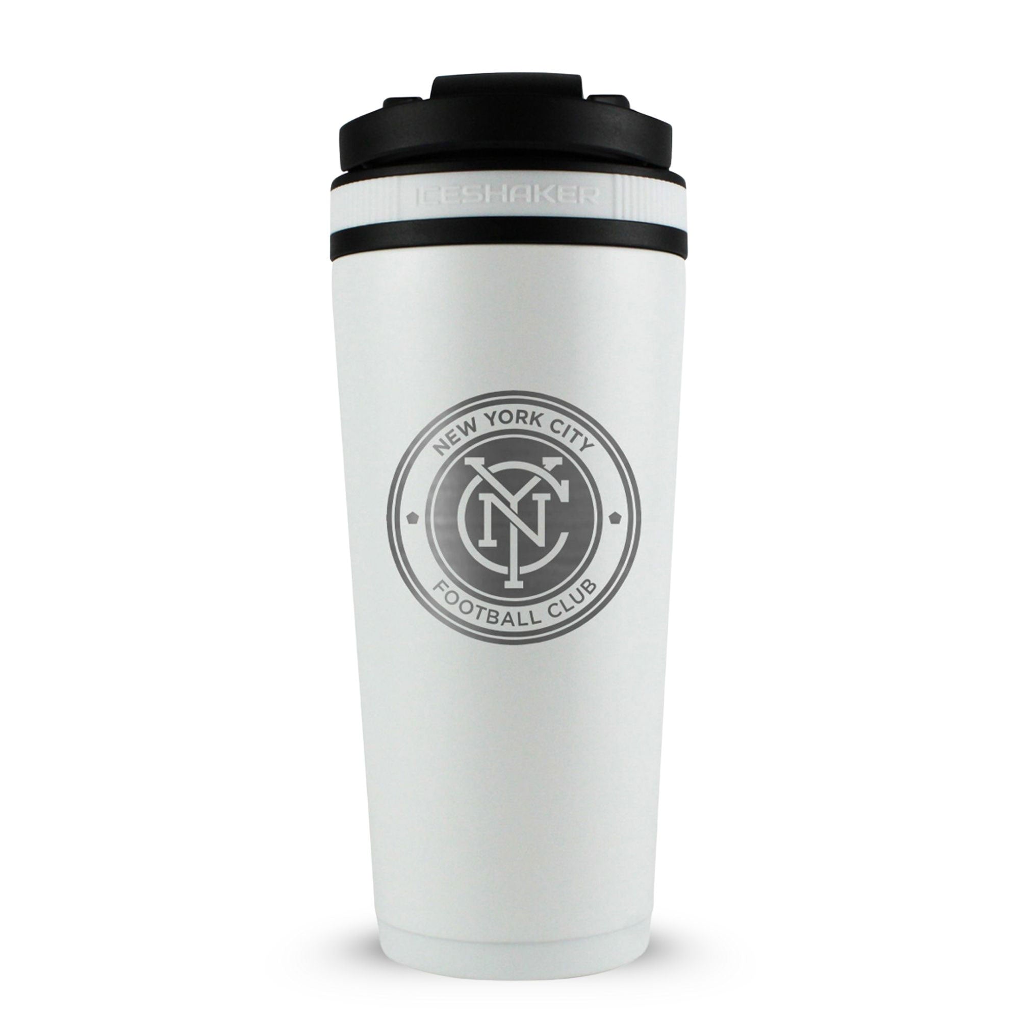 White 26oz Ice Shaker with the New York City Football Club logo engraved on the back of it.