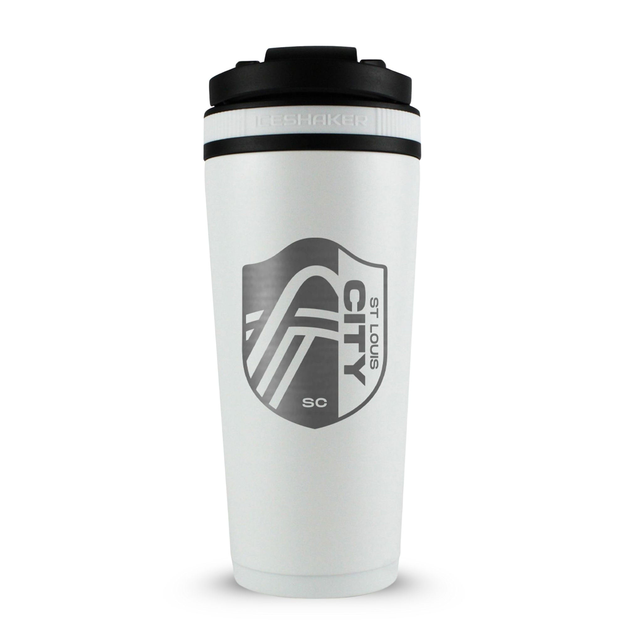 White 26oz Ice Shaker with the St. Louis City SC logo engraved on the back of it.