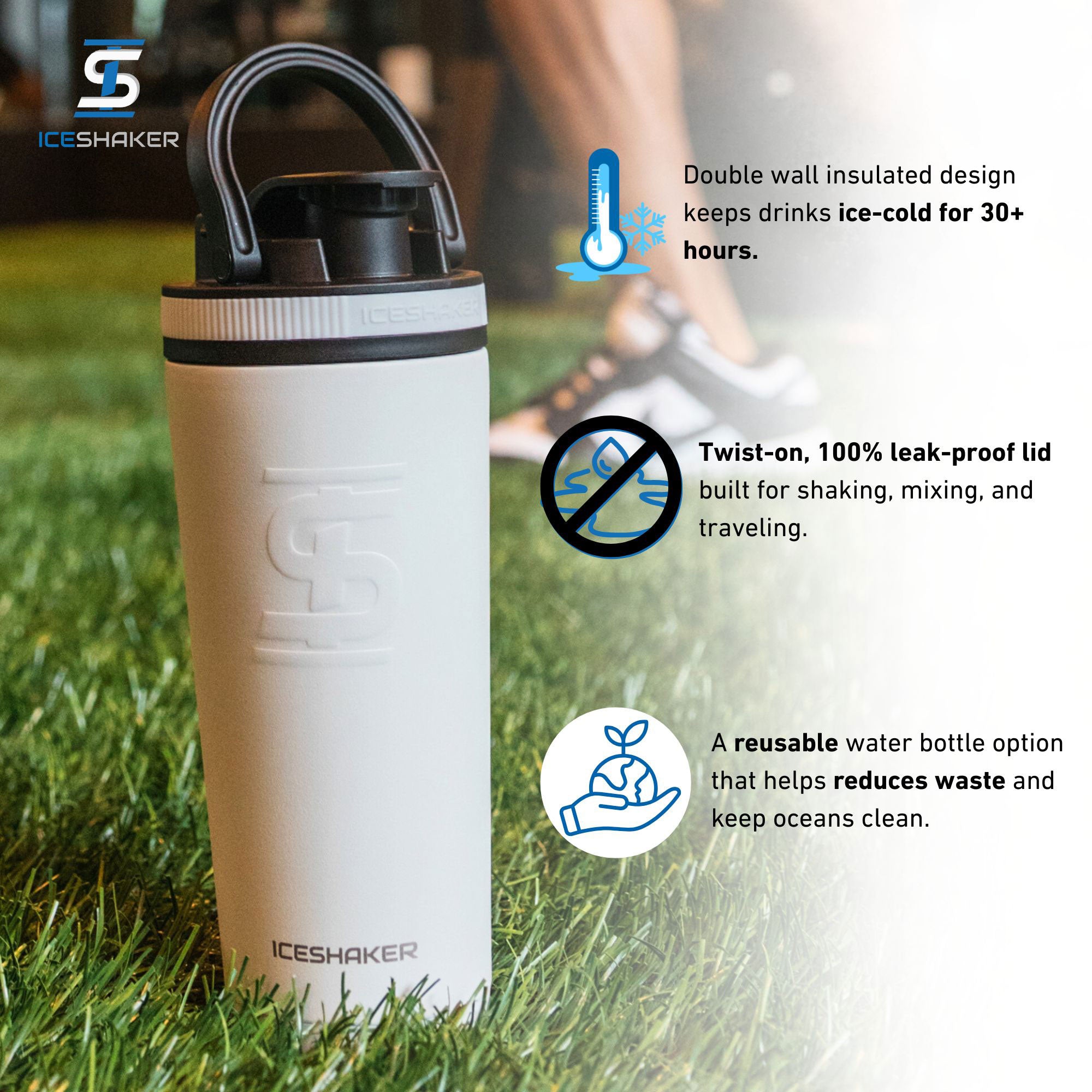 A White 26oz Ice Shaker with features listed out next to it. The features include the double-wall insulated design that keeps drinks ice-cold for 30+ hours, the twist-on leak-proof lid built for shaking, mixing, and traveling, and it being a eco-friendly, reusable water bottle option that helps reduce plastic pollution.