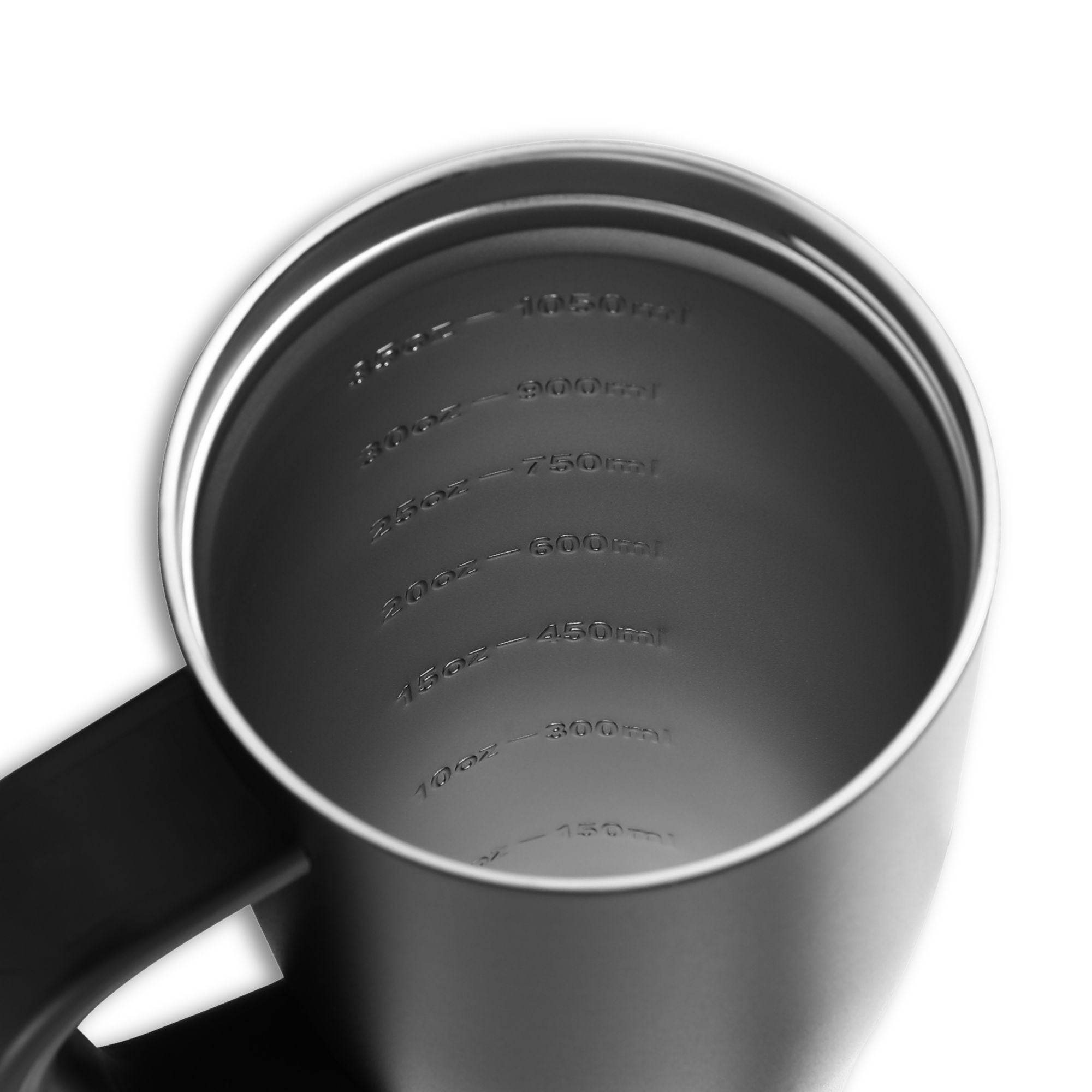 Close up of the inside of the 40oz legend series shaker tumbler. It shows the stainless-steel and internal measurement lines.