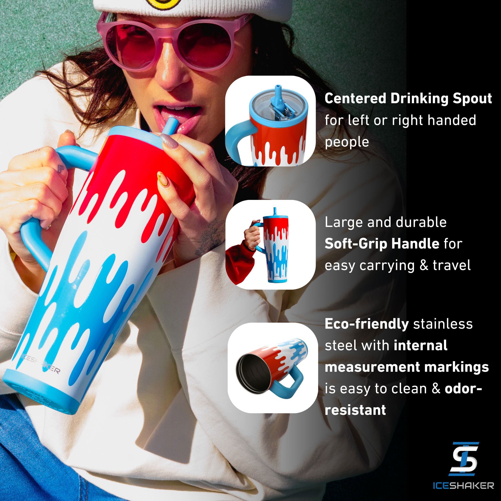The Freeze Pop Drip 40oz Legend Tumbler with important product features highlighted including: the silicone centered drinking spout, the large soft-grip handle and the bottle being made from eco-friendly, odor-resistant stainless-steel.