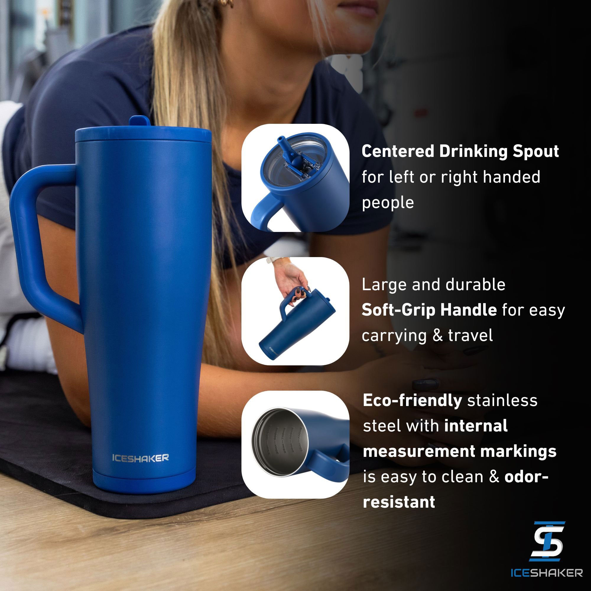 the Navy 40oz Legend Series Shaker Tumbler in a gym setting with important product features including: the centered drinking spout, the large soft-grip handle, and the eco-friendly design with internal measurement markings.