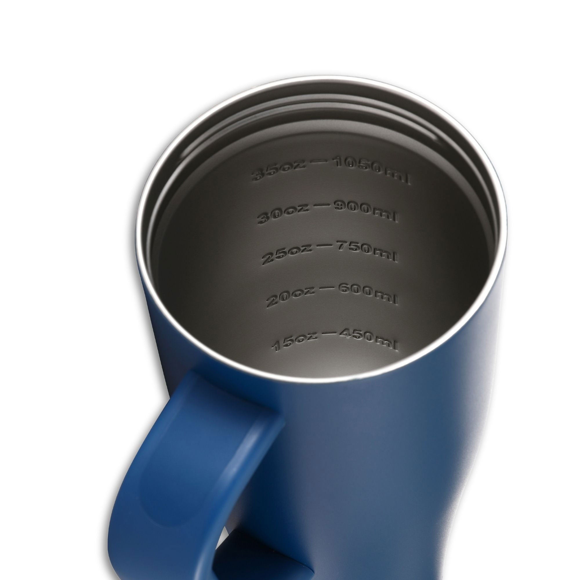 a close-up view of the internal measurement markings in the navy 40oz legend series shaker tumbler.