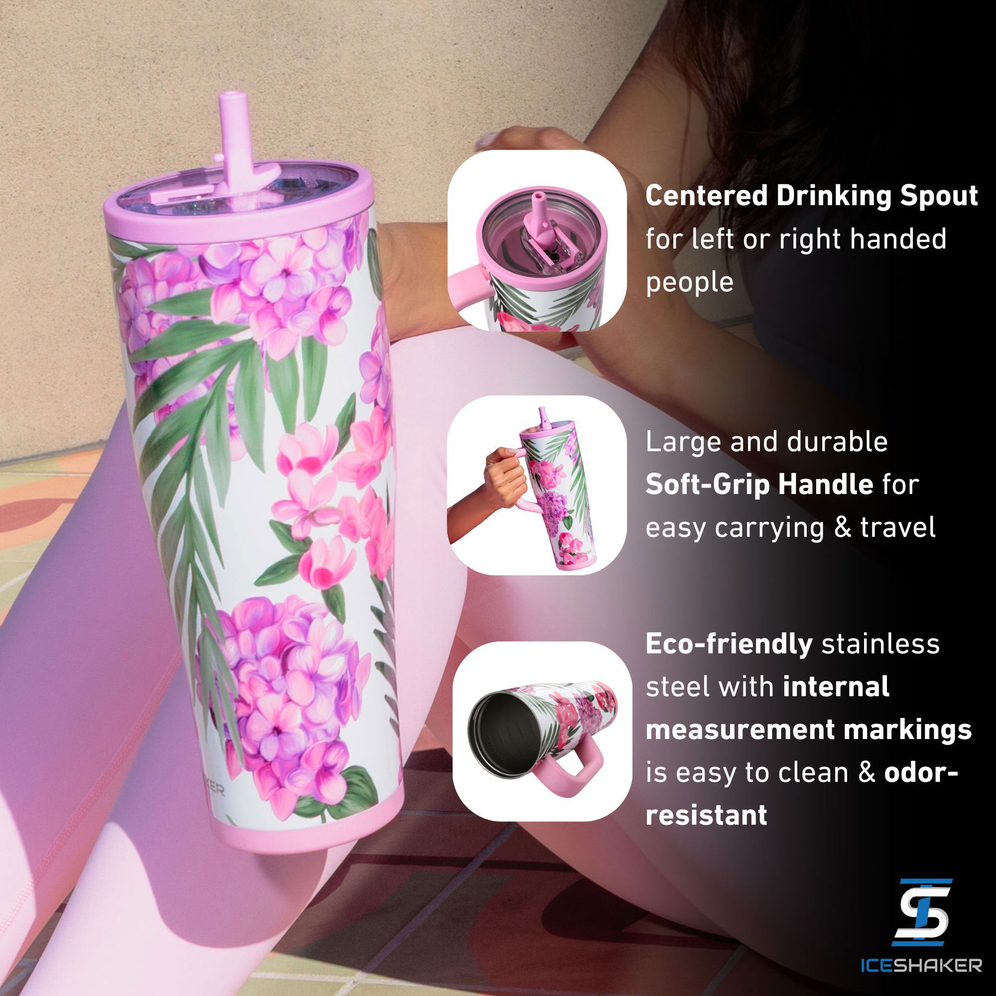 The Pink Hydrangea 40oz Legend Tumbler with important product features highlighted including: the silicone centered drinking spout, the large soft-grip handle and the bottle being made from eco-friendly, odor-resistant stainless-steel.