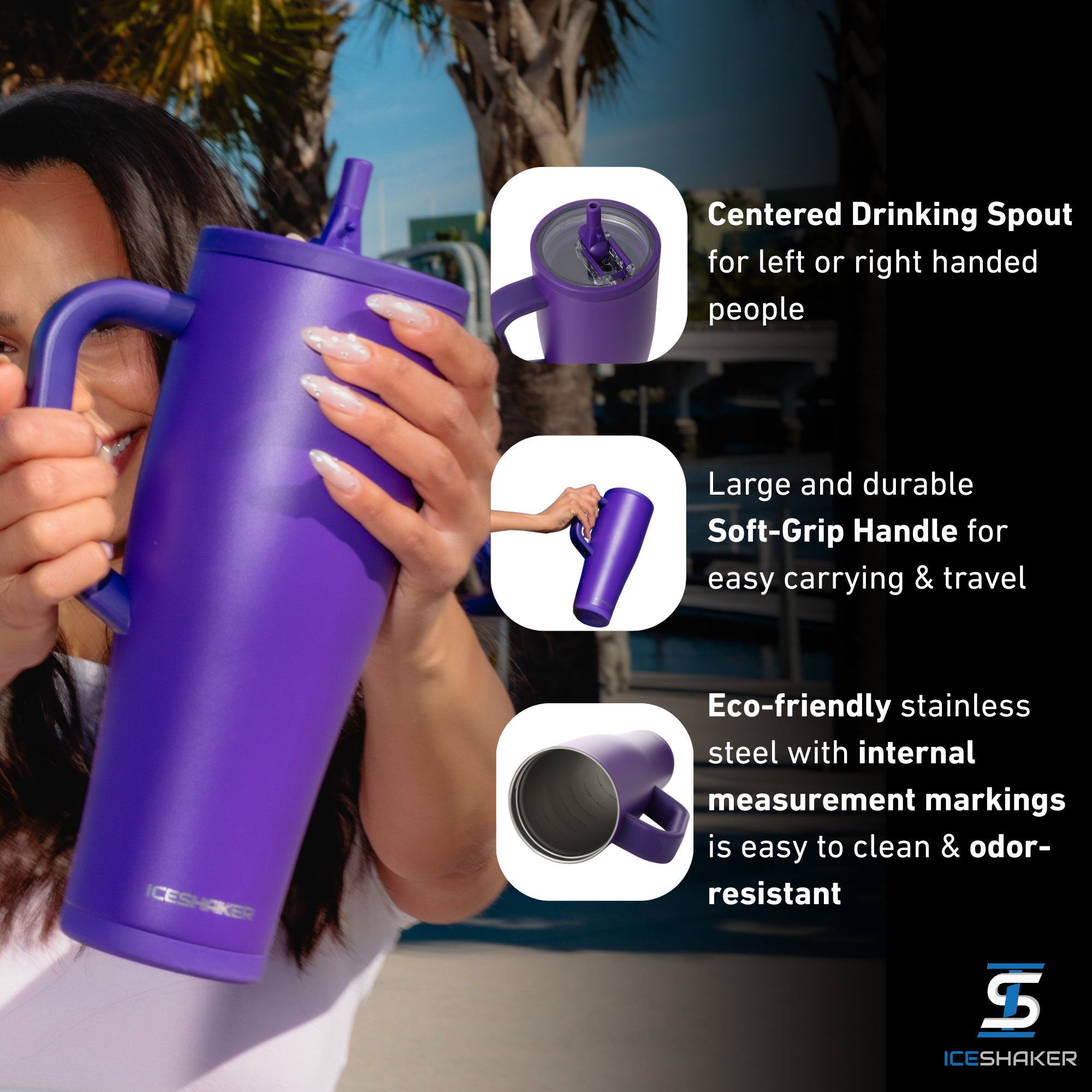 The Purple 40oz Legend Tumbler with important product features highlighted including: the silicone centered drinking spout, the large soft-grip handle and the bottle being made from eco-friendly, odor-resistant stainless-steel.