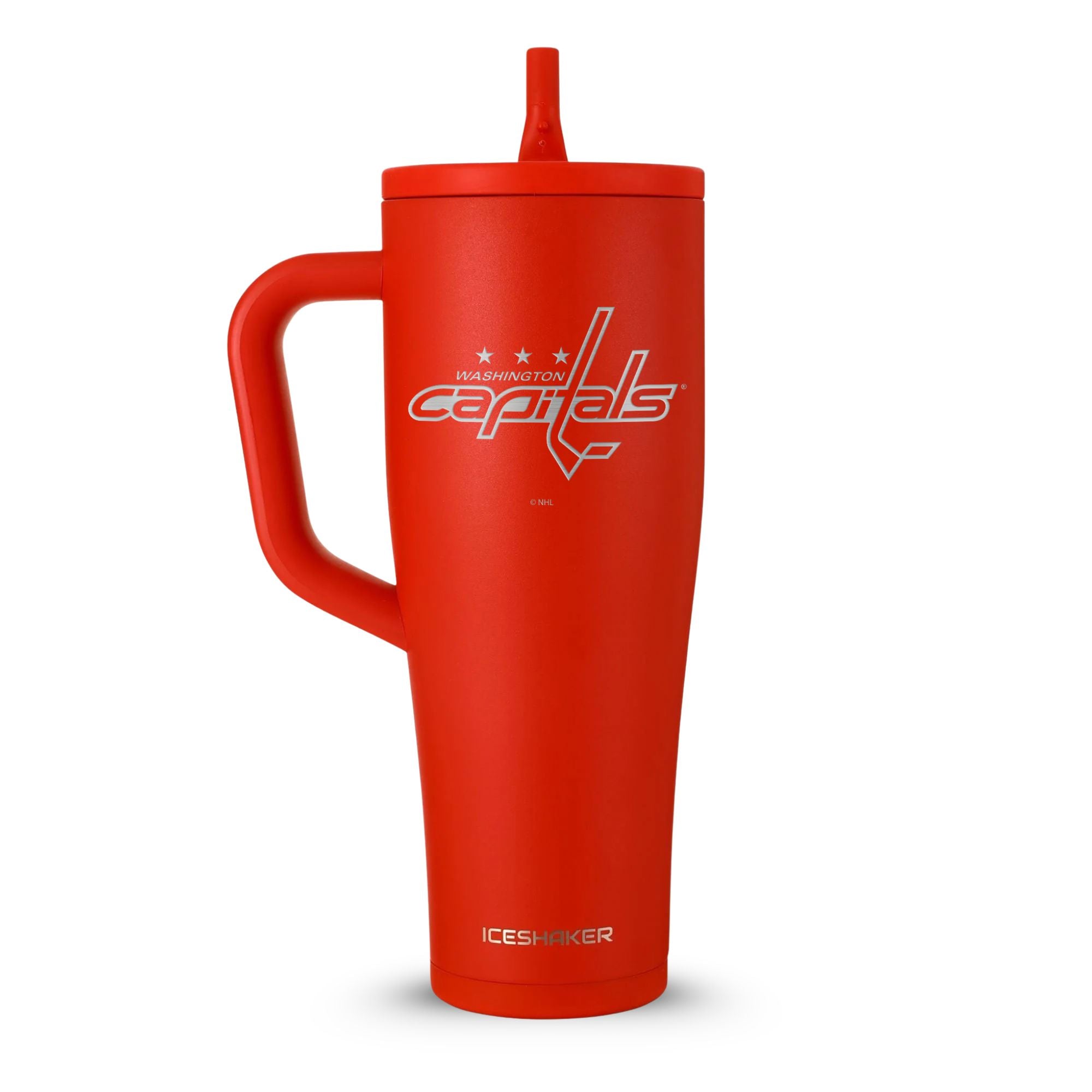 Red 40oz Legend Series Shaker Tumbler with the Washington Capitals logo engraved on the front of it.